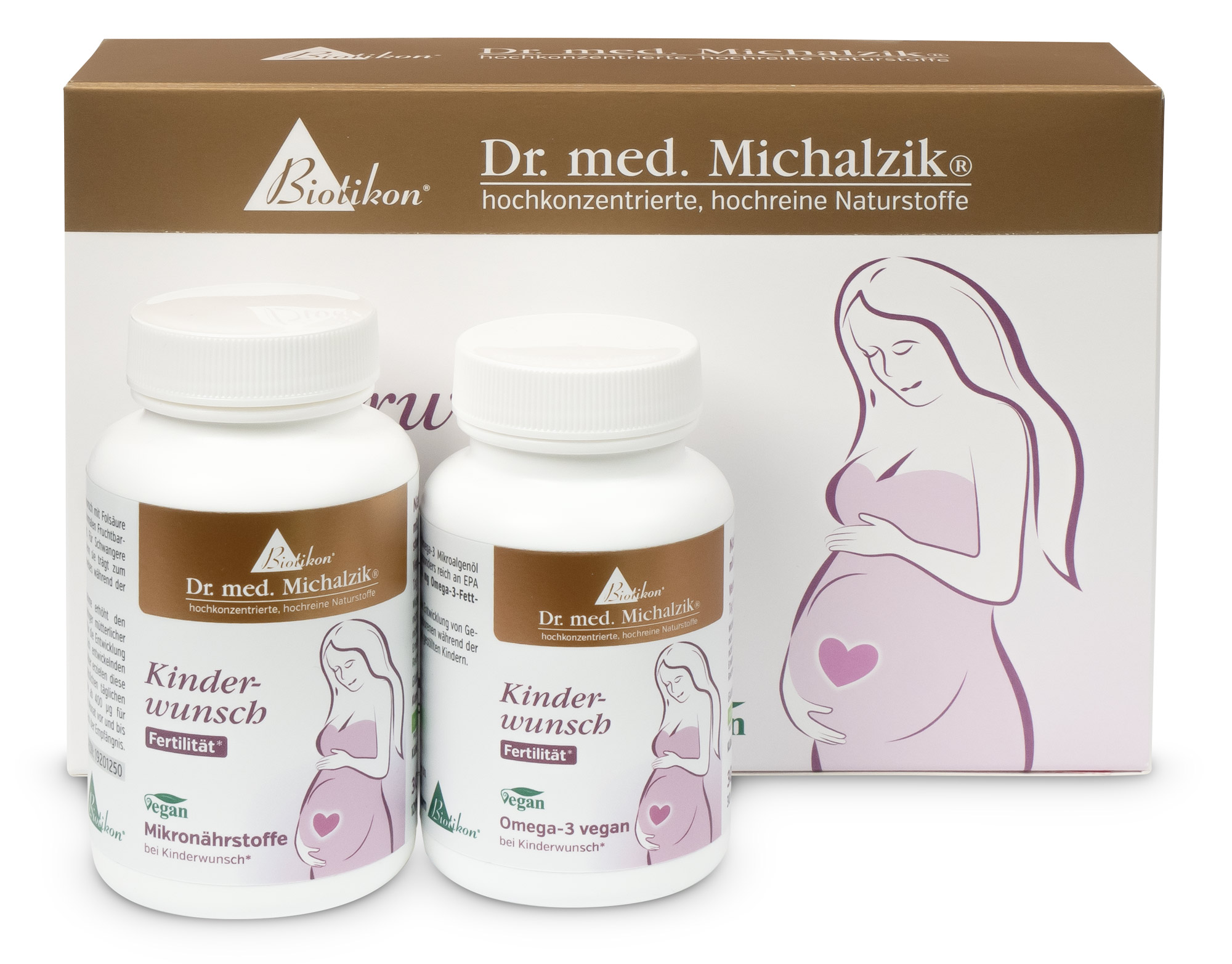 Deseo de niños: Micronutrientes y Omega-3 vegano Dos frascos de suplementos para el deseo de niños, con 60 cápsulas en envase blanco, junto a una caja mostrada.
