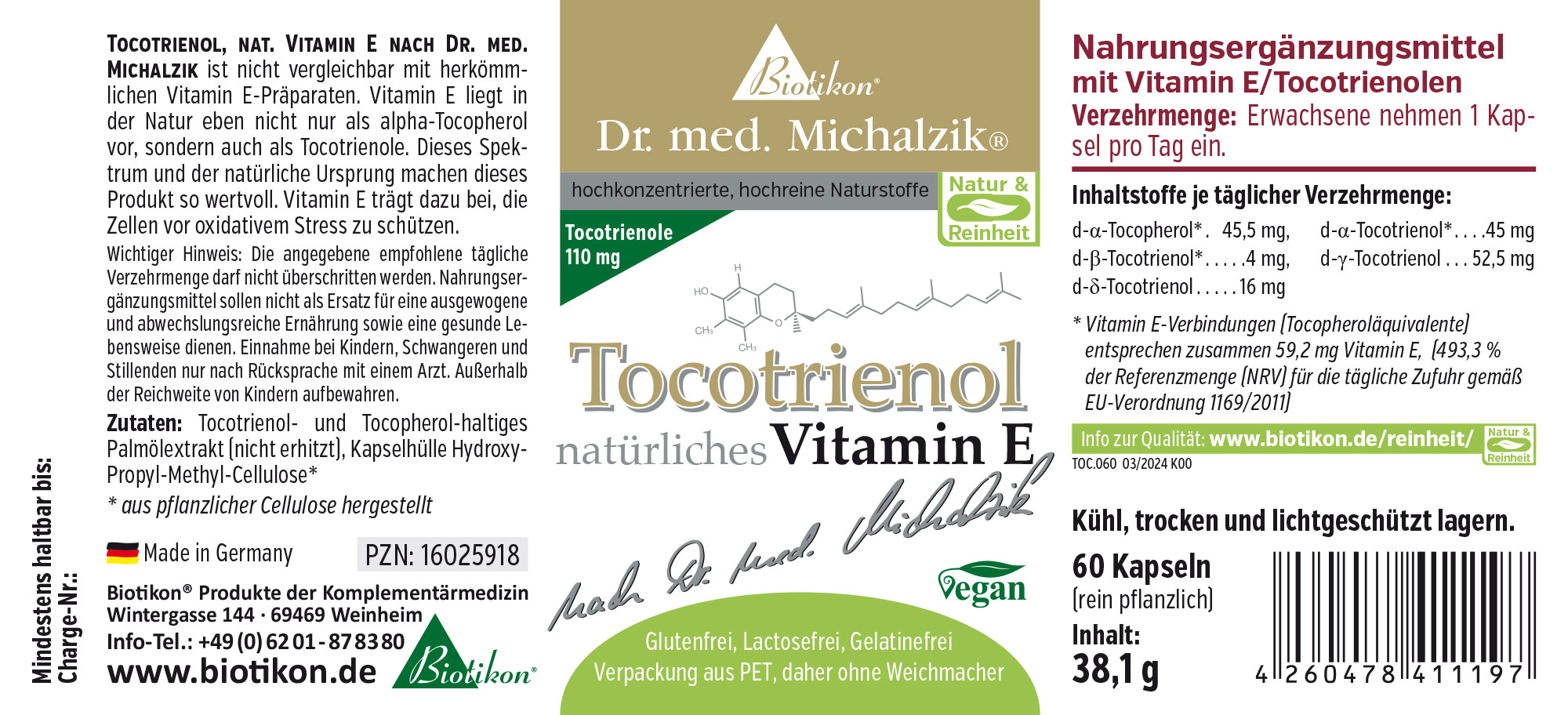 Suplemento de Tocotrienol en paquete de 60 cápsulas, veganas, combinación de colores gris y blanco.