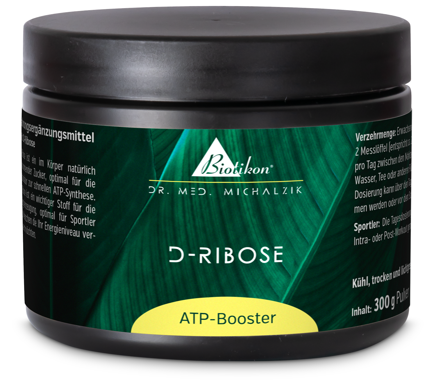 D-Ribosa ATP-Impulsor – 300 g en polvo Envase negro con etiqueta verde, 300 g de polvo de D-Ribosa, suplemento nutricional deportivo, vista frontal.