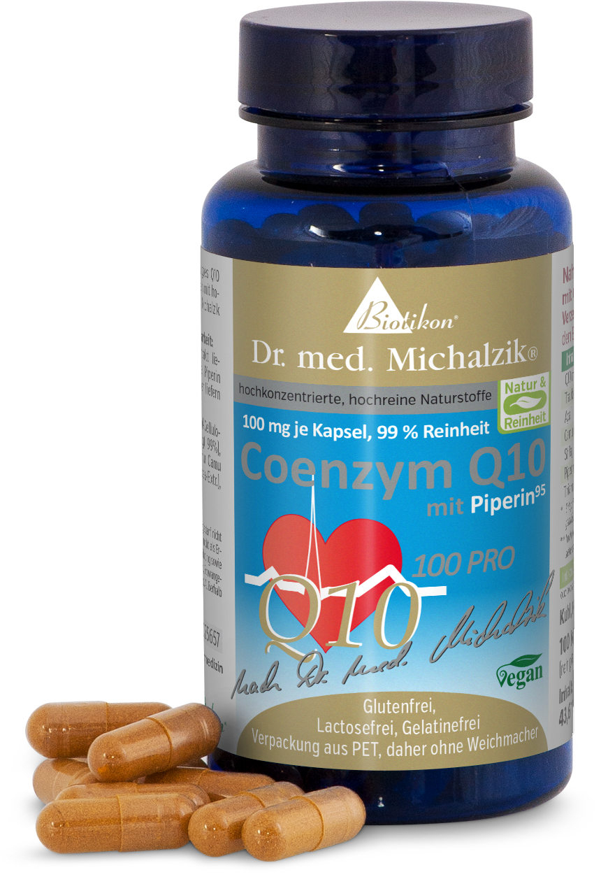 Botella con cápsulas de Coenzima Q10, 100 mg, empaque azul, siete cápsulas al frente, veganas.