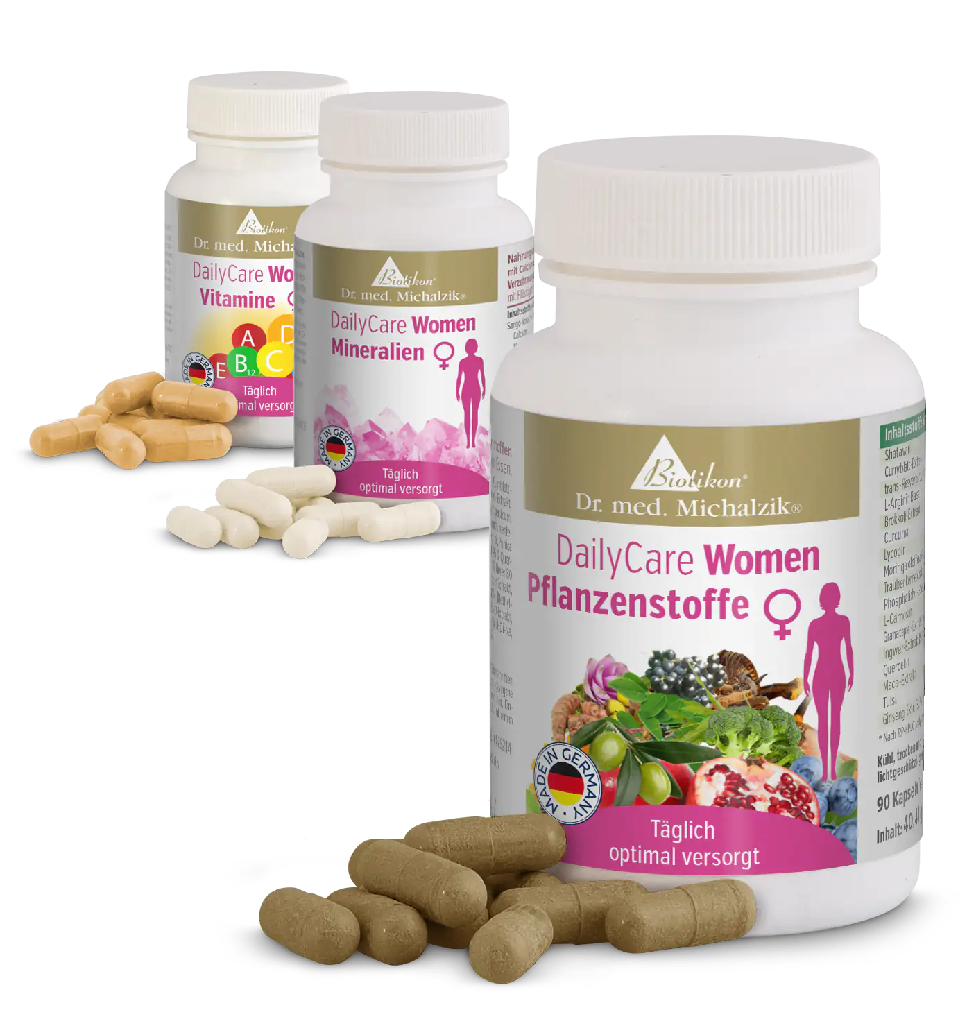 DailyCare Mujeres Plantas en una botella blanca, 90 cápsulas de color marrón, bien visibles.