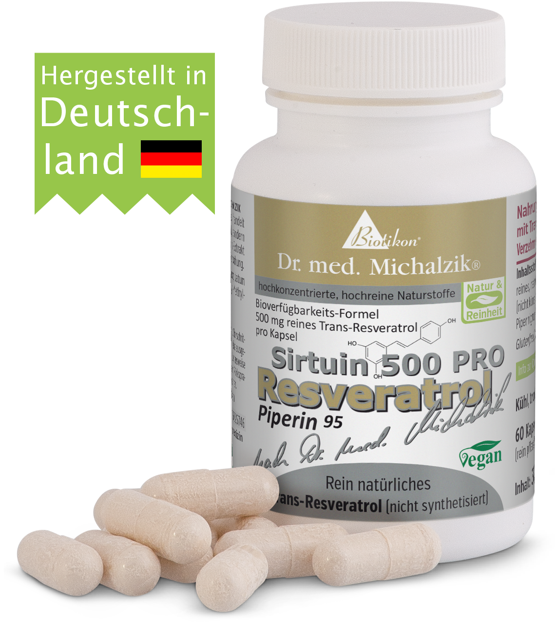 Frasco de cápsulas blancas con 500 mg de Trans-Resveratrol, 60 cápsulas, veganas.