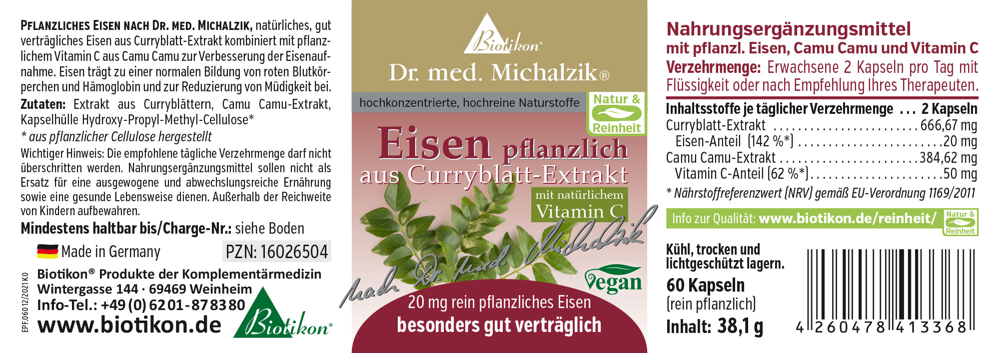 Hierro vegetal 20 mg – Cápsulas 60 cápsulas con hierro vegetal de extractos de hoja de curry y vitamina C, visible en el empaque.