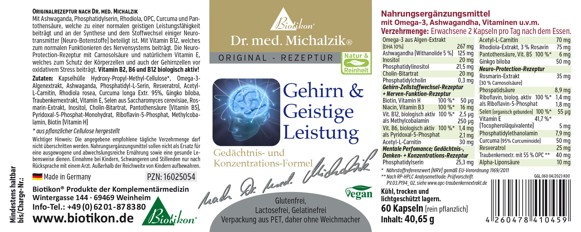 Cápsulas para el Cerebro y el Rendimiento Mental Suplemento para el rendimiento mental, 60 cápsulas, envase verde, vista lateral