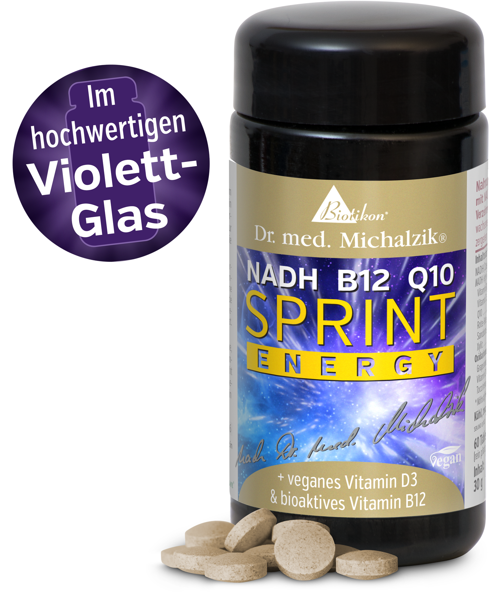 Suplemento NADH B12 Q10 – tabletas veganas en frasco negro, 30 unidades.