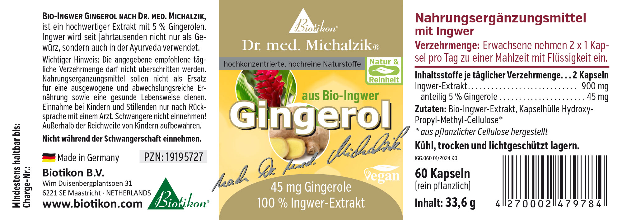 Gingerol Biológico 900 mg - Cápsulas 60 cápsulas con 900 mg de extracto de jengibre y 45 mg de gingeroles, envase amarillo, vista frontal.