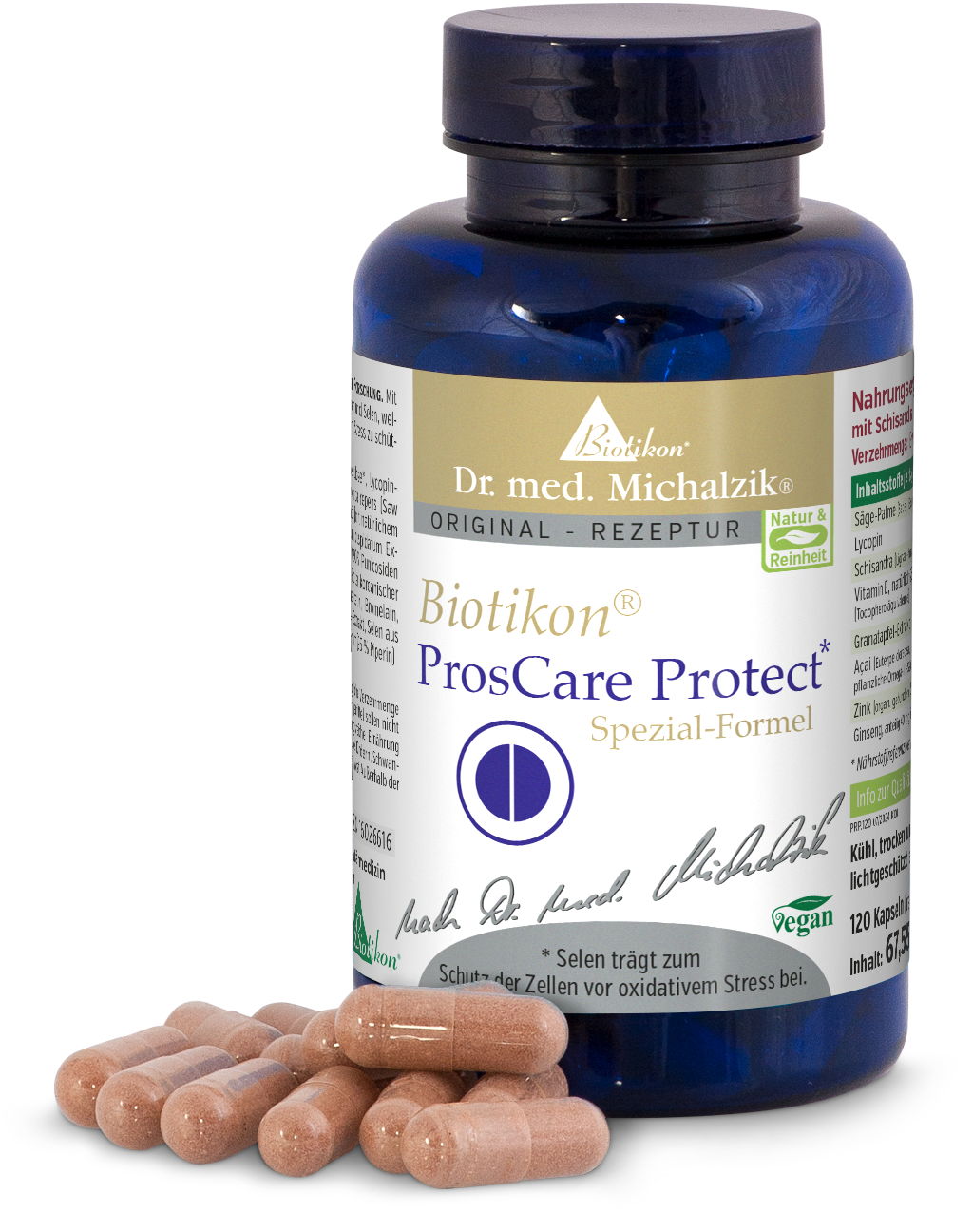 Selen 120 cápsulas – Biotikon ProsCare Protect Botella azul con 120 cápsulas, cápsulas de un beige claro sobre fondo blanco.