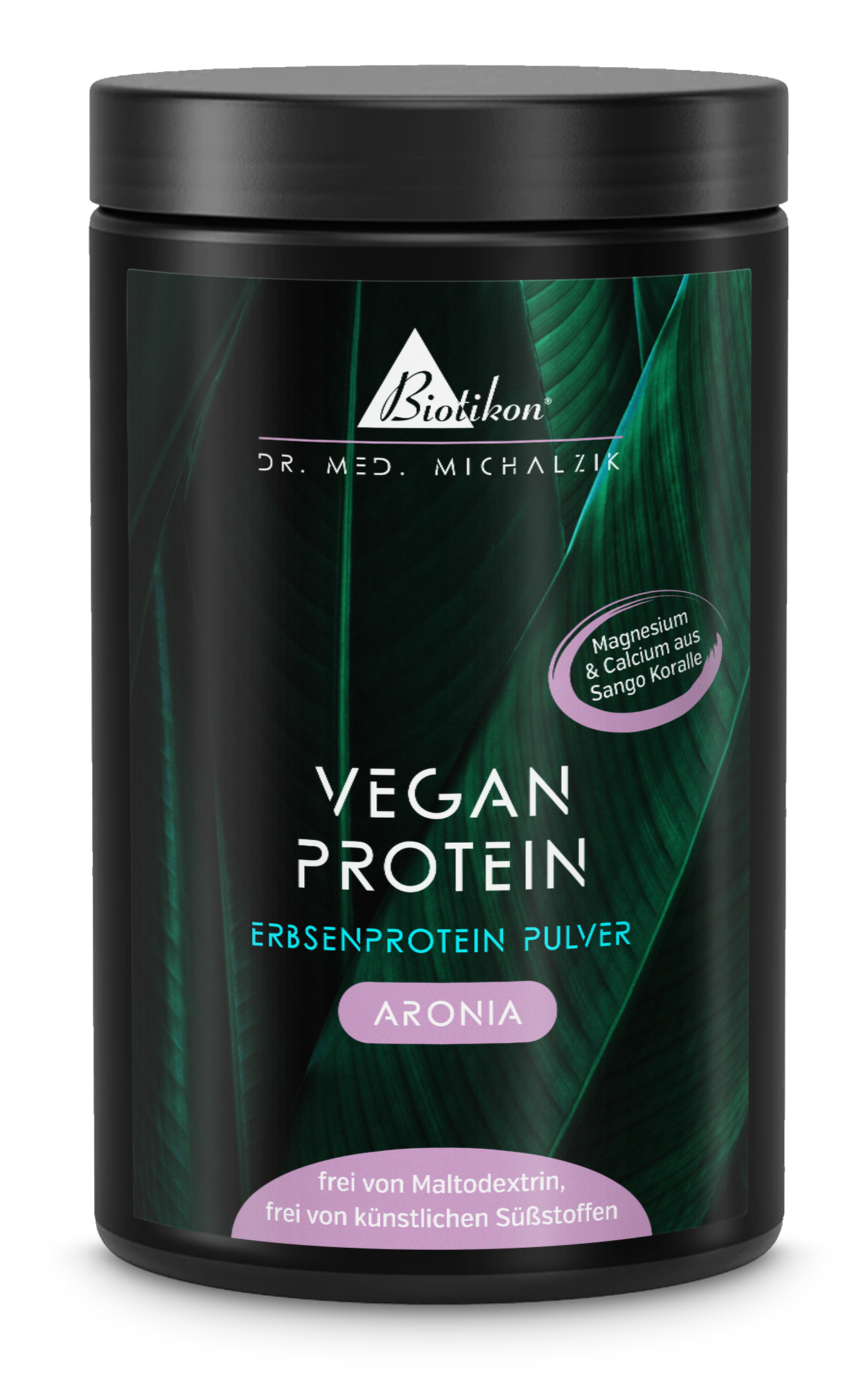 Envase blanco con acento morado, proteína vegetal en polvo Aronia, 500 g, vista lateral.