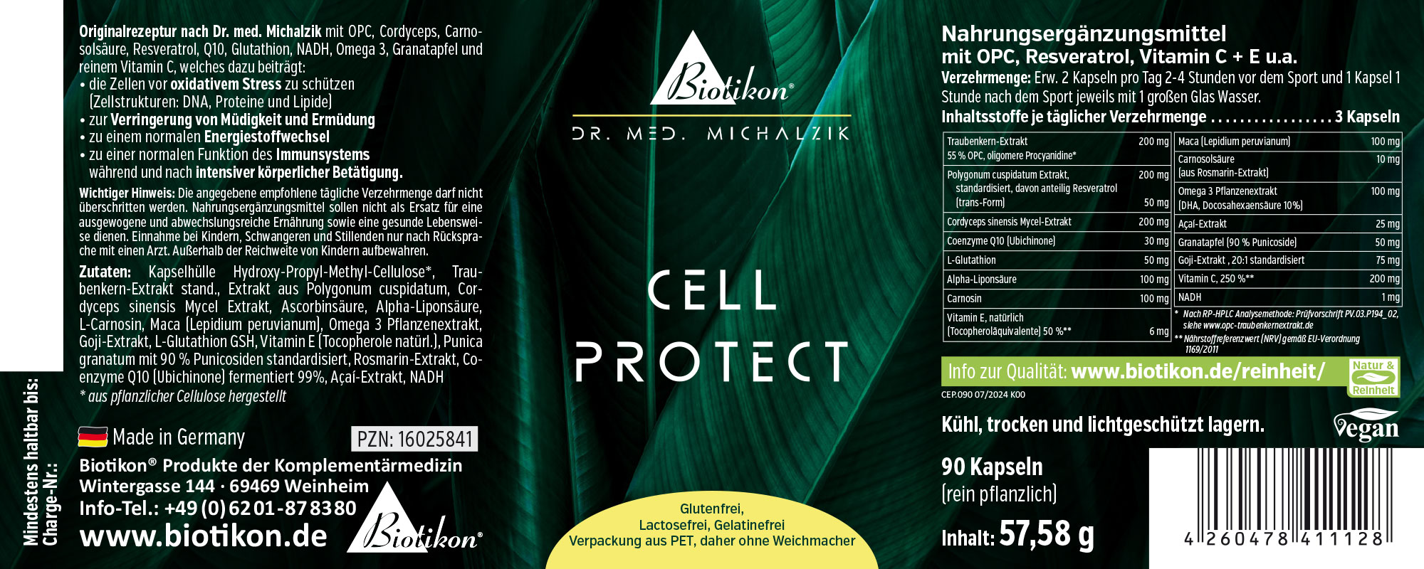 Cápsulas de Protección Celular – 90 Cápsulas Suplemento alimenticio en forma de cápsulas, 90 unidades, envase verde, vista frontal.