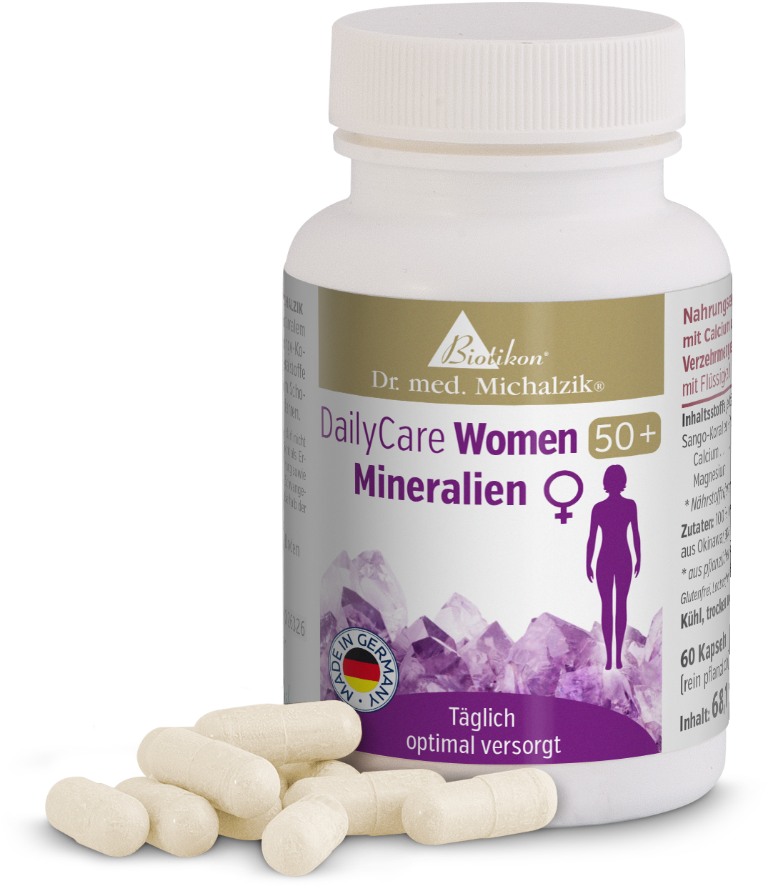 Botella con 60 cápsulas blancas, DailyCare Women 50+, minerales, desde diferentes ángulos.