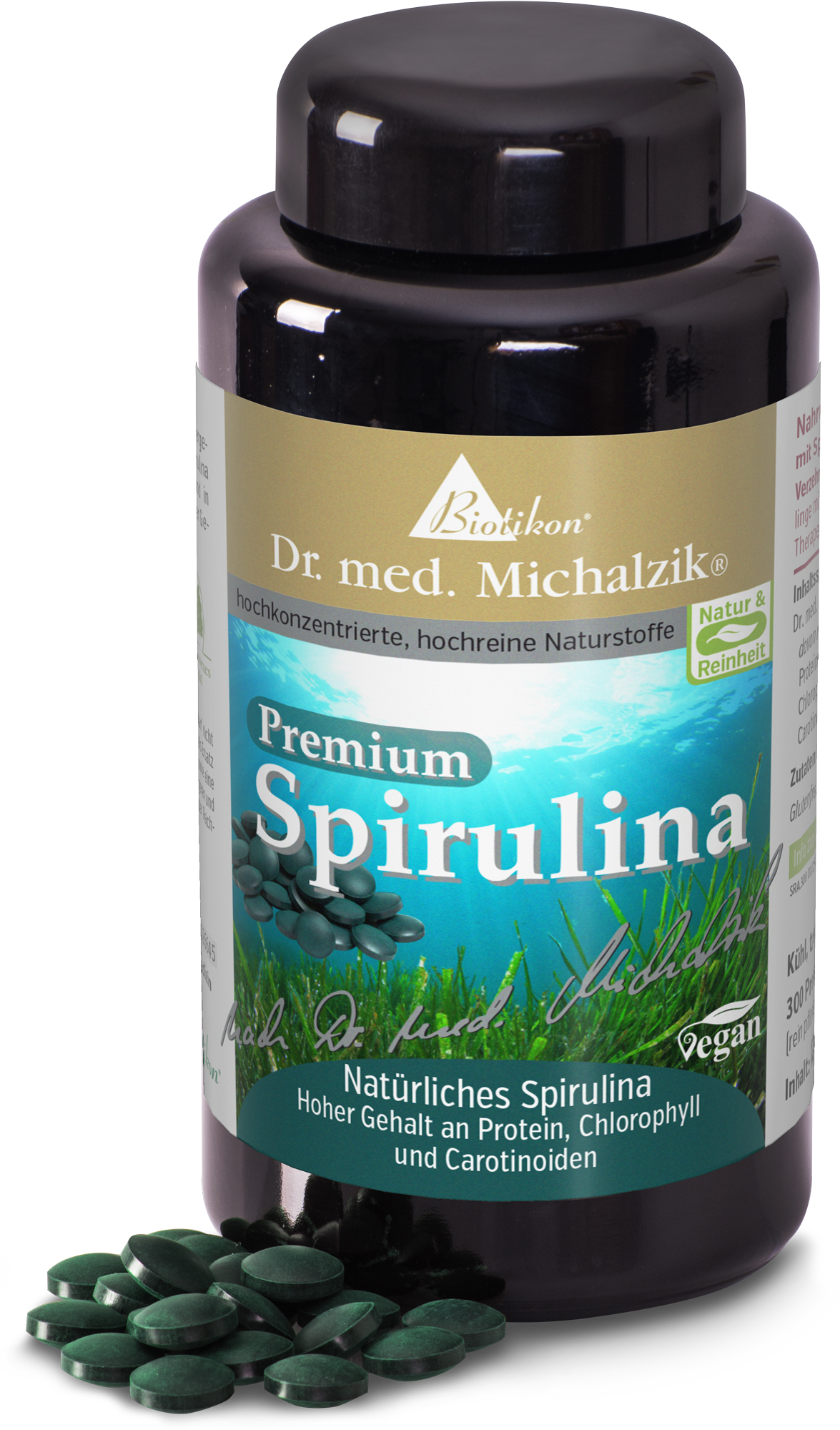 Suplemento de Spirulina premium en un envase negro, 300 tabletas verdes visibles, fórmula vegana.