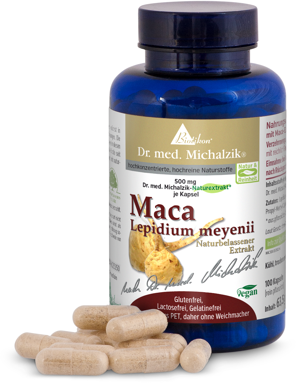 Maca Lepidium meyenii – Cápsulas de 500 mg Botella azul con 100 cápsulas de extracto de Maca, 500 mg, cápsulas transparentes, sobre fondo blanco.