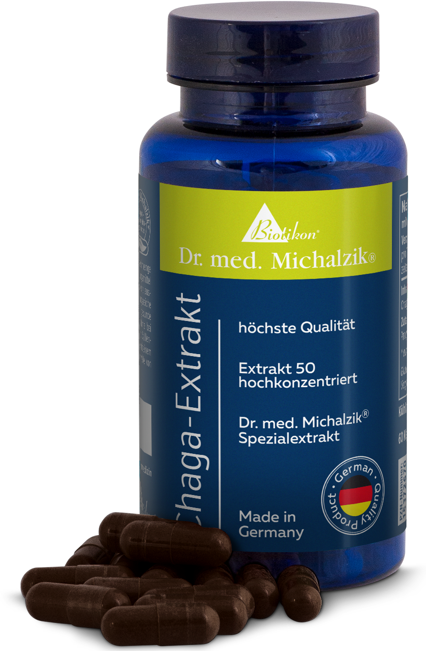 Extracto de Chaga en frasco azul con 60 cápsulas, cápsulas marrones al lado.