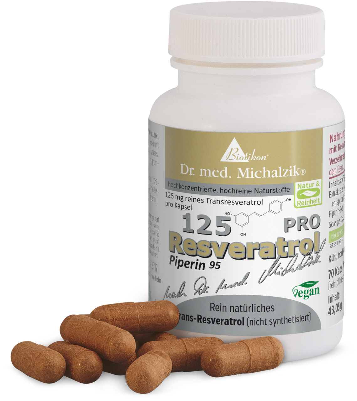Resveratrol 125 mg – Cápsulas Botella con 70 cápsulas, 125 mg de trans-resveratrol puro, cápsulas marrones, veganas