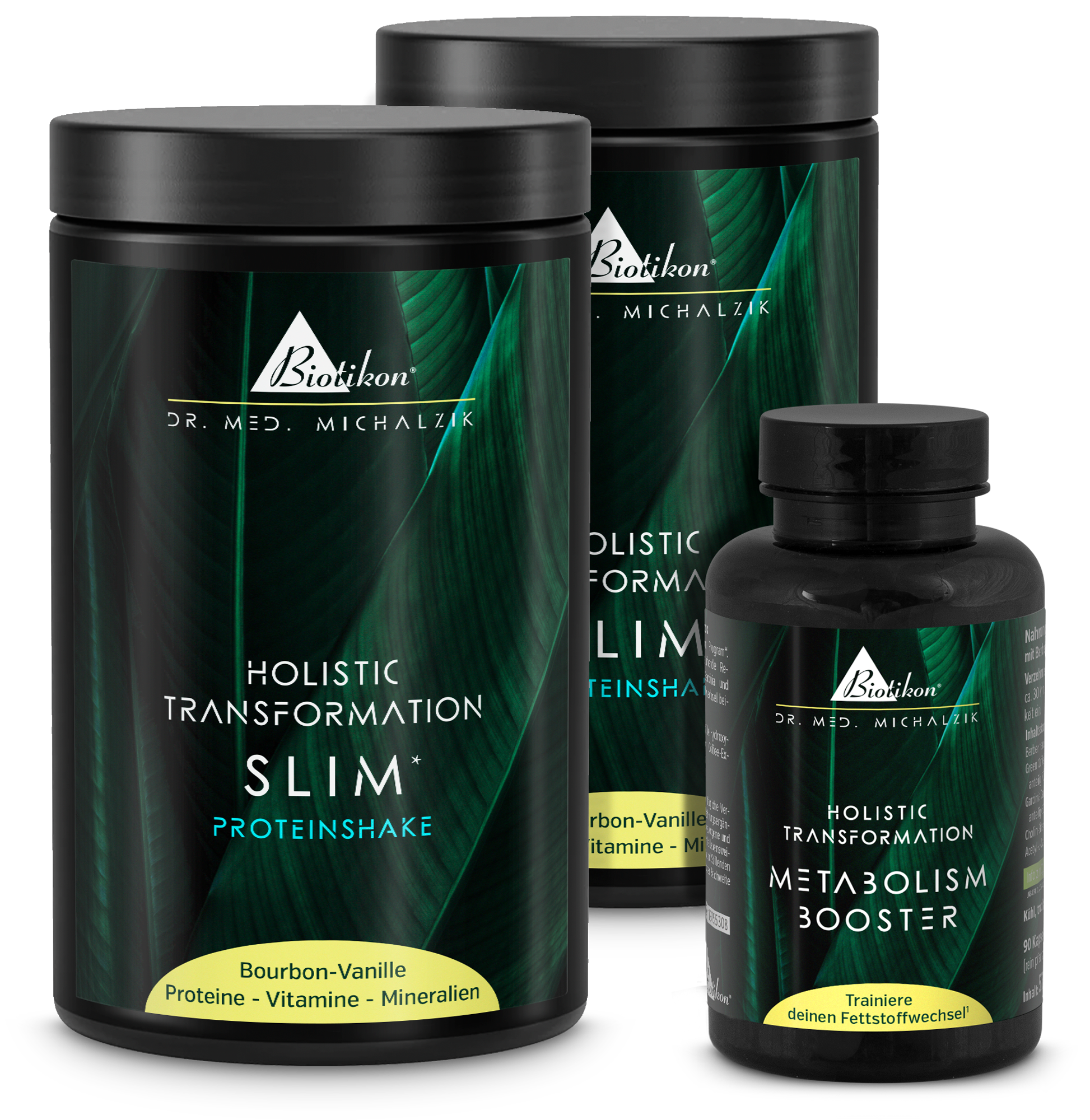 Slim Shake holístico en envase negro, 600 g, sabor Vainilla Bourbon, junto a un potenciador del metabolismo en cápsulas.