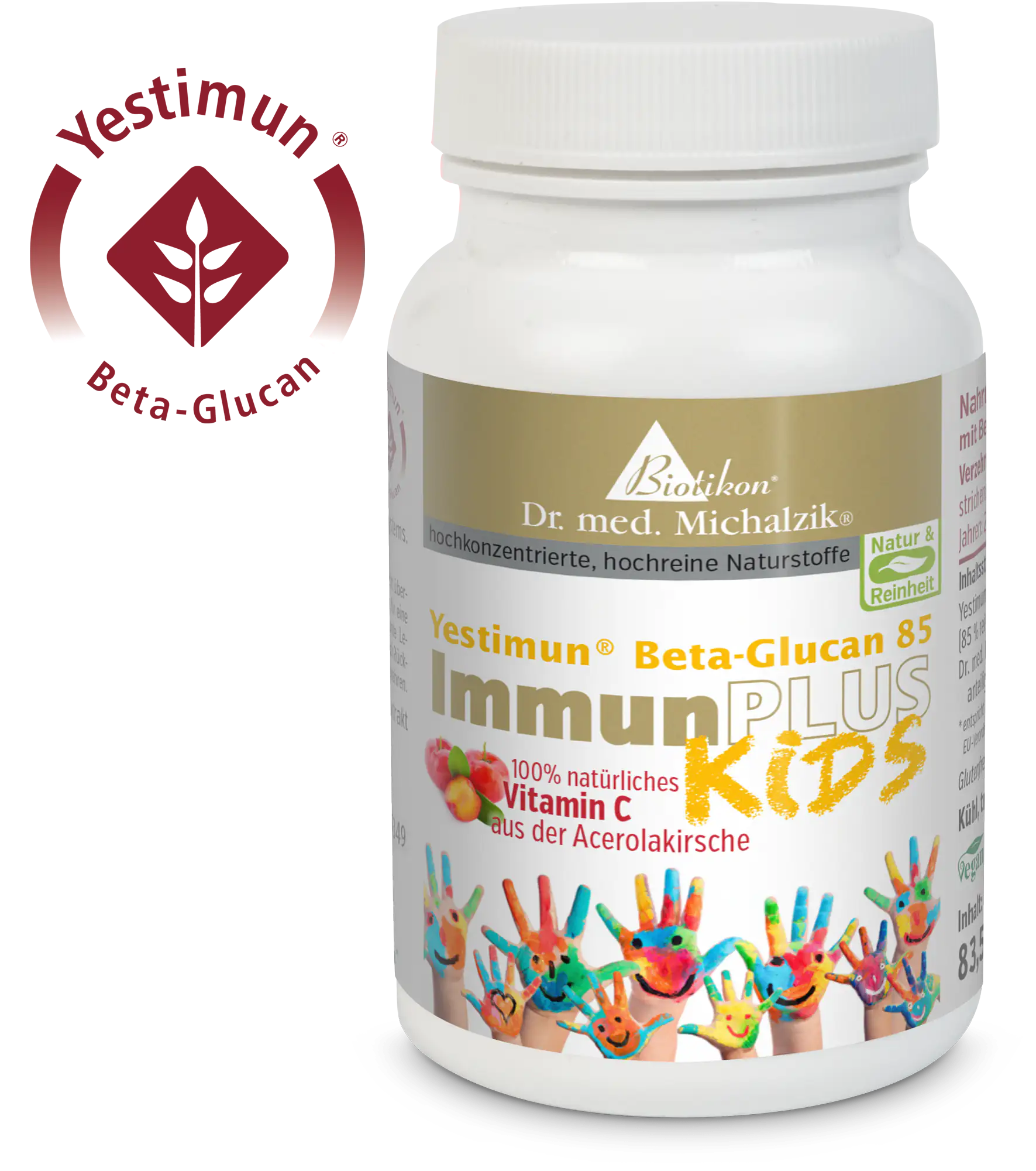 ImmunPlus Kids-Dose con Yestimun Logo Yestimun Beta-Glucan 85 cápsulas, ingredientes 100% naturales, manos de colores en la etiqueta, envase de plástico resistente.