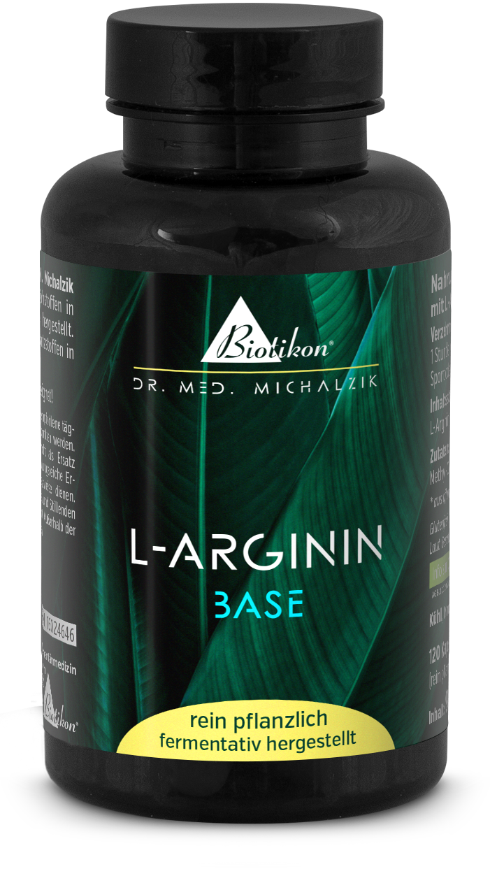 L-Arginina 120 Cápsulas – fermentación vegetal Botella negra con cápsulas de L-Arginina, 120 unidades, 100% vegetal, producidas por fermentación, presentado frontalmente.