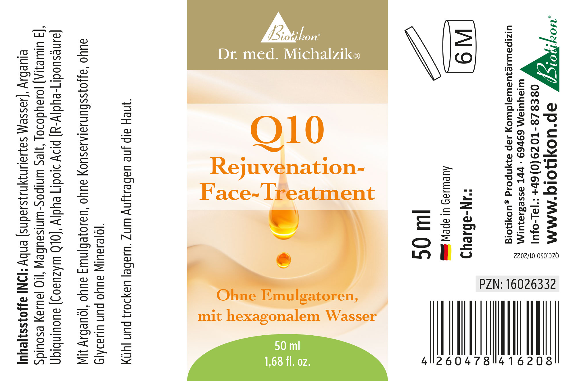 Botella de 50 ml con tratamiento facial de rejuvenecimiento Q10, envase transparente, color claro.