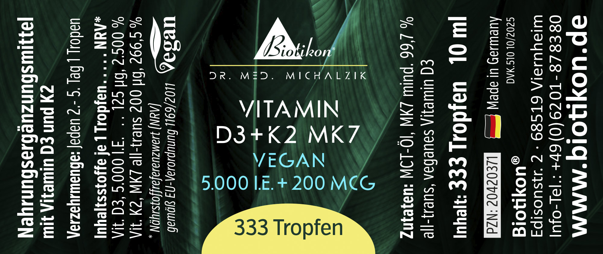 Vitamina D3 + K2 MK7 5000 UI – 333 gotas Botella con 333 gotas de vitamina D3 y K2 MK7, 10 ml, empaquetado en verde, vegano.