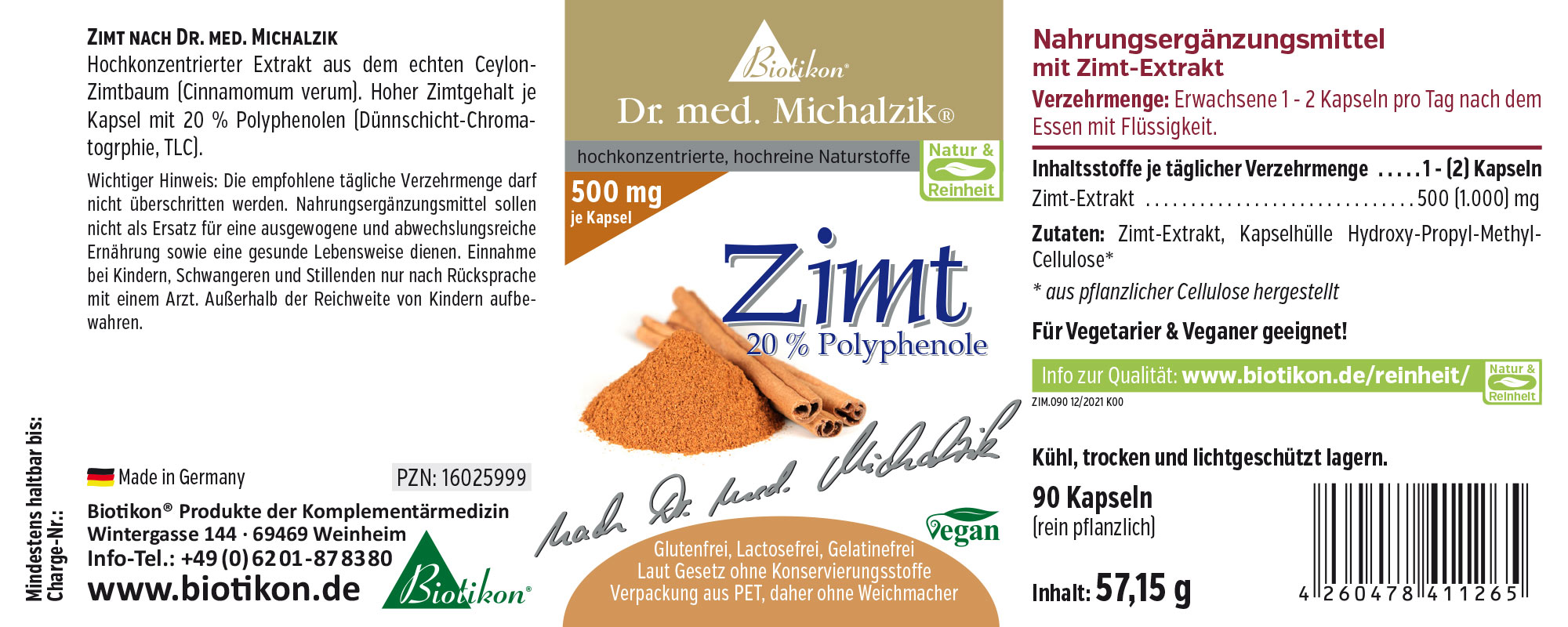 Suplemento alimenticio con extracto de canela, 90 cápsulas en envase protegido de la luz, vegano y de ingredientes vegetales.