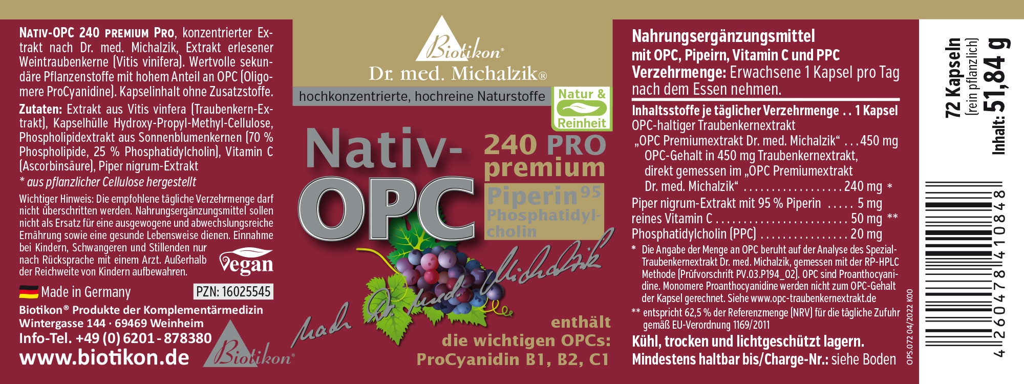 Nativ-OPC 240 pro – Cápsulas veganas Nativ-OPC 240 pro, 72 cápsulas veganas, envase marrón, con extracto de semilla de uva, vitamina C y piperina.