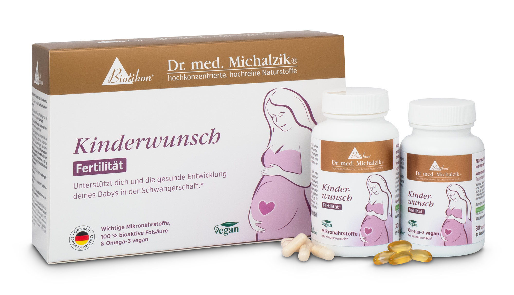 Fertilidad de Deseo de Niños – 30 Cápsulas Envase de suplemento para el deseo de tener hijos, dos botellas con cápsulas, una con cápsulas de gel, fórmula vegana, vista frontal