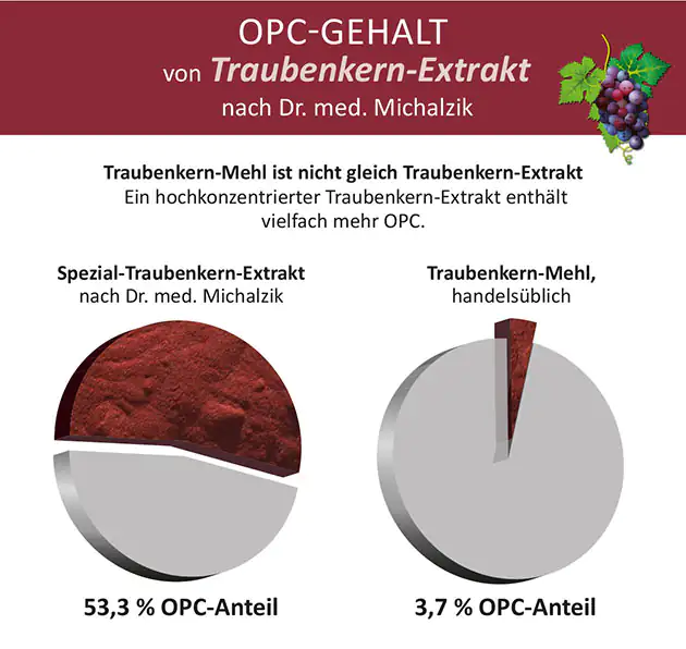 Gráfico del contenido de OPC en extracto de semilla de uva y harina de semilla de uva, con gráfico circular y porcentajes.