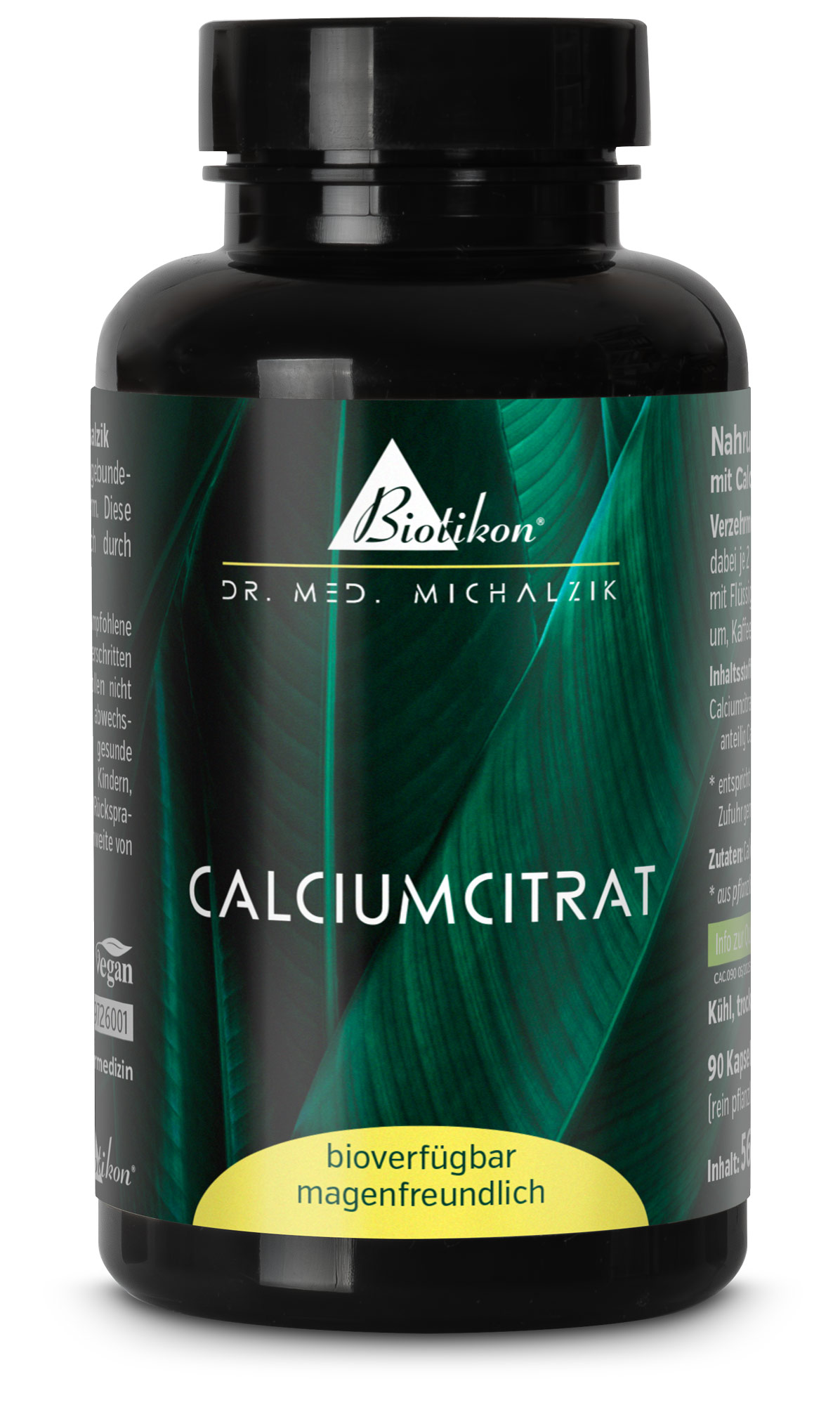Citrato de Calcio – 90 Cápsulas Botella negra con 90 cápsulas veganas de citrato de calcio, amigables con el estómago, detalles en la etiqueta.