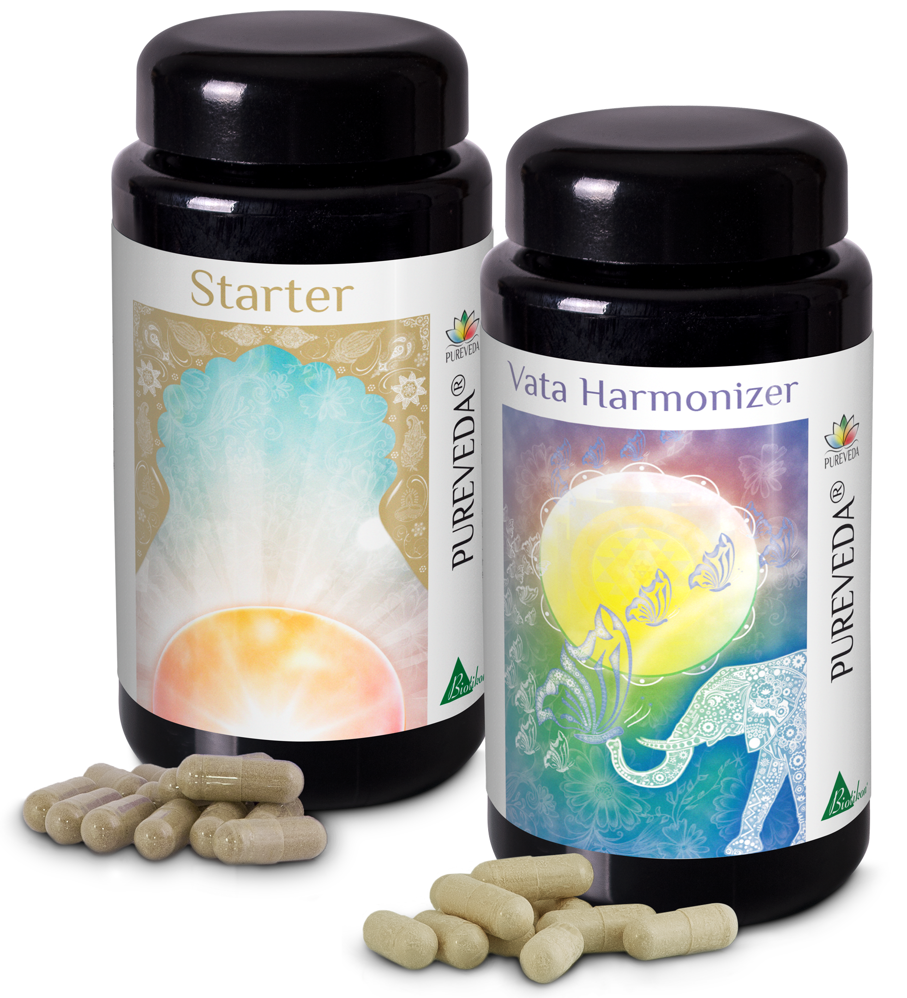 Cápsulas ayurvédicas – Starter y armonizador Vata Dos botellas negras con cápsulas ayurvédicas, Starter y armonizador Vata, con varias cápsulas en primer plano.