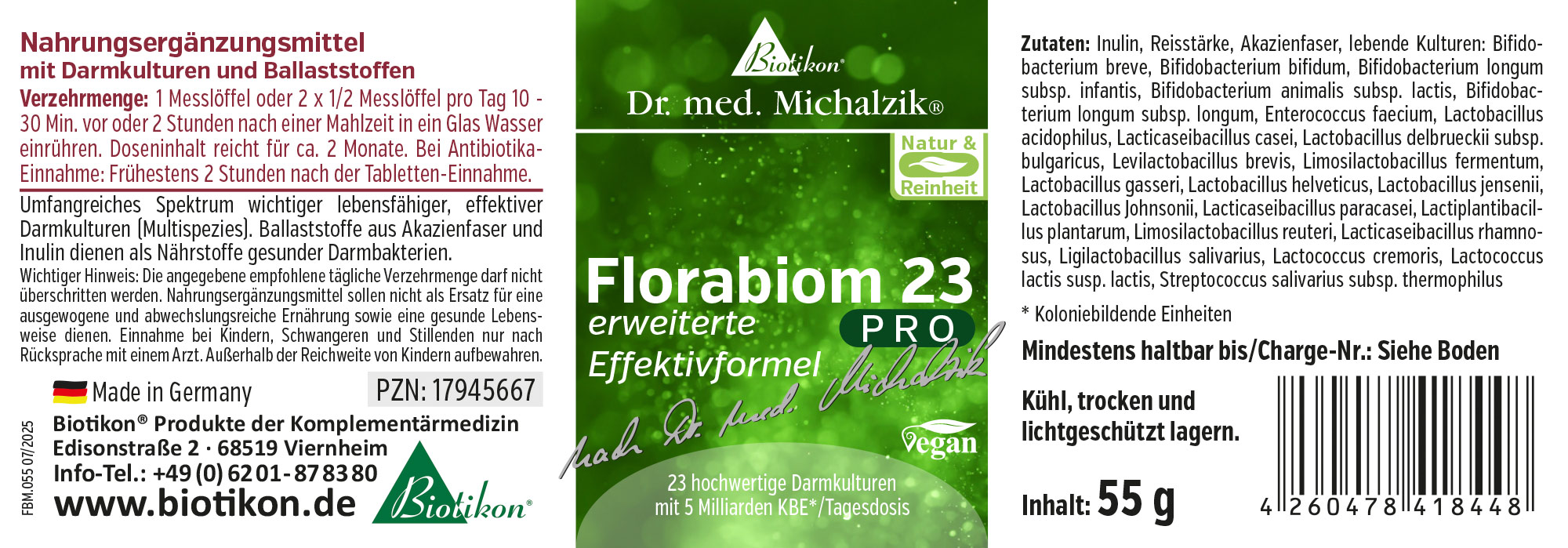 Florabion 23 PRO – 55 g en polvo Suplemento en diseño de empaque verde, 55 g, polvo para mezclar con agua, fabricado en Alemania.