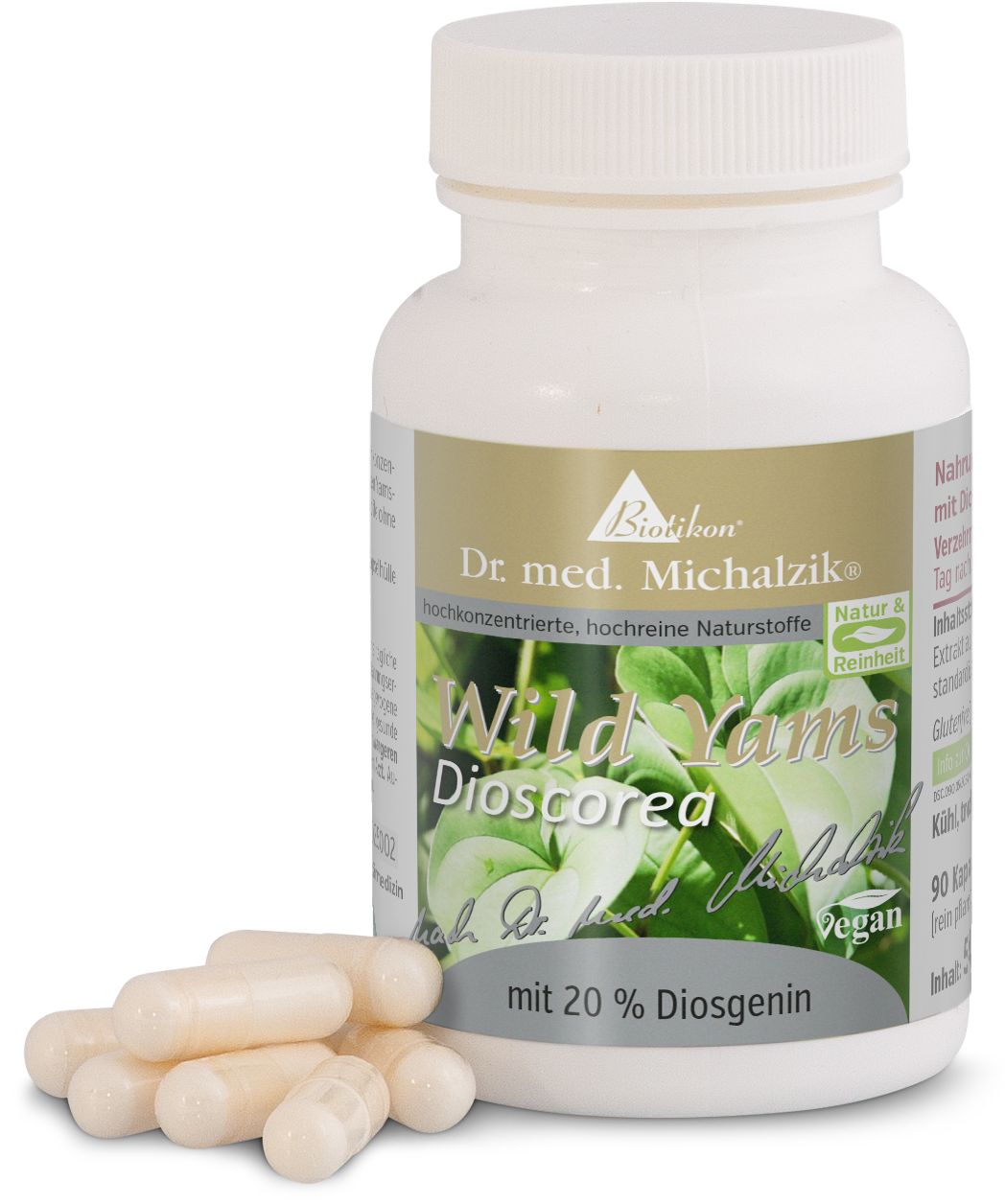 Dioscorea Yams Salvaje 90 Cápsulas – 20% Diosgenina Botella con 90 cápsulas blancas, suplemento dietético de Yams Salvaje, cápsulas veganas con 20% Diosgenina.