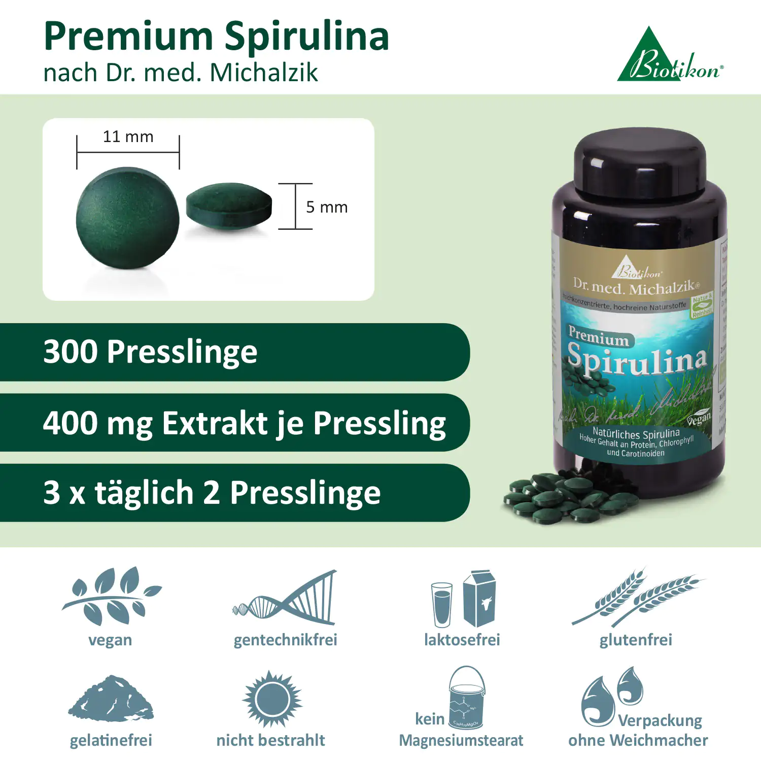 Información del producto Spirulina Botella con 300 tabletas de Spirulina Premium, 400 mg cada una, color verde, vegan, vista lateral.