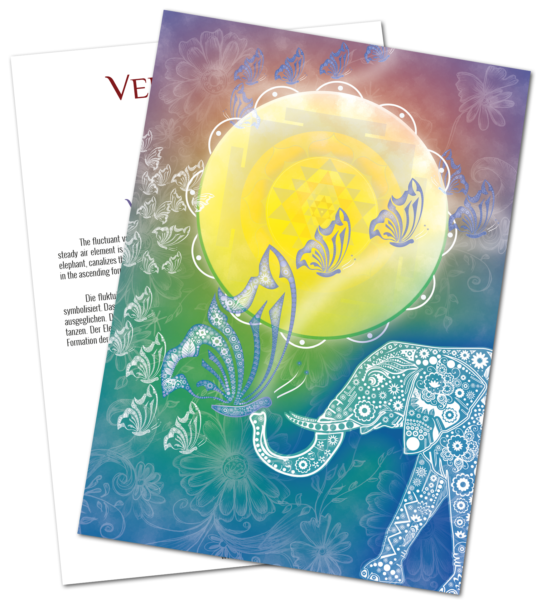 Impresión artística colorida de un elefante con mariposas, formato A2, patrones florales decorativos, colores brillantes.