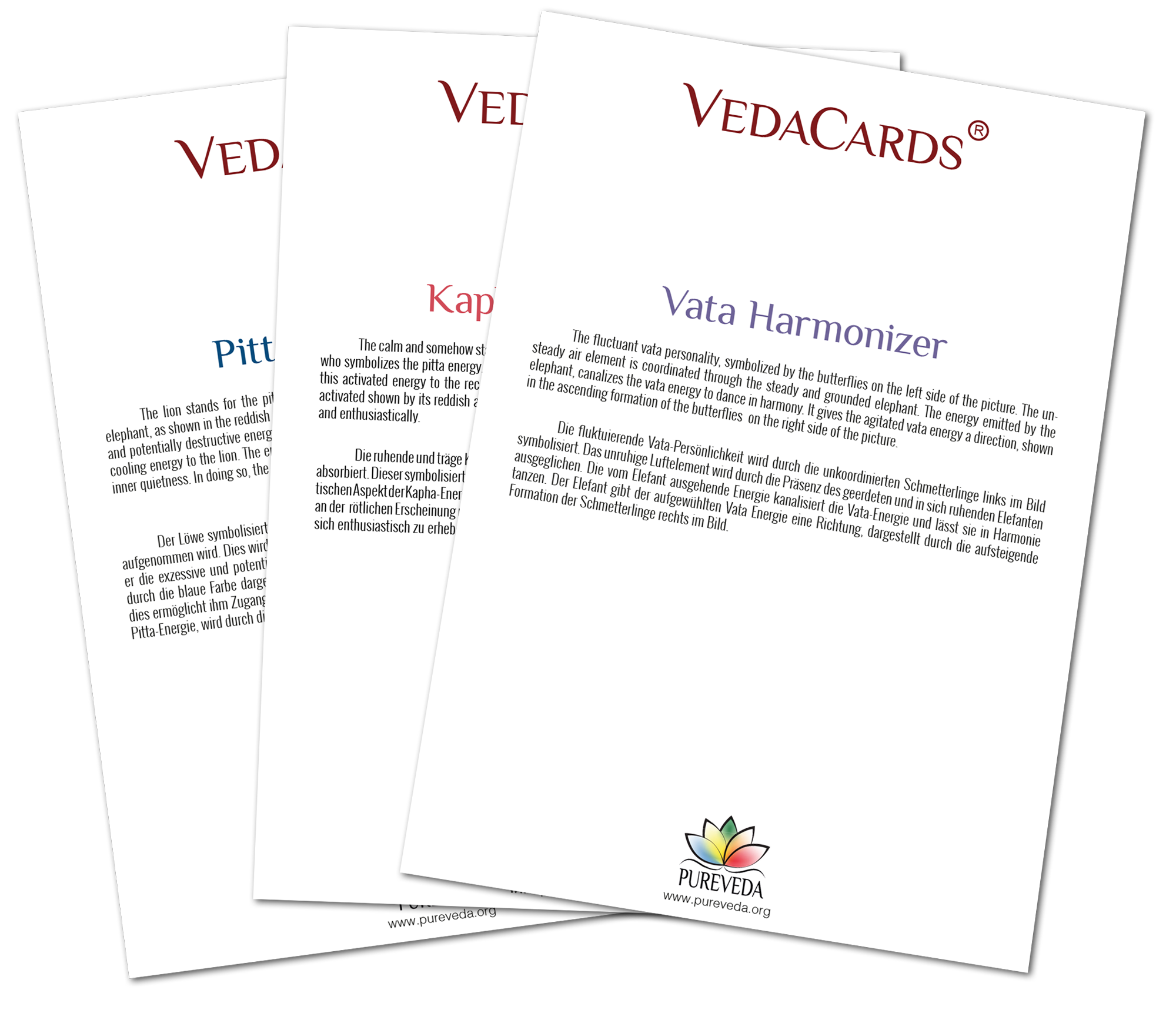 VedaCards – Armonizador de Vata Juego de VedaCards con información sobre Vata, Pitt y Kapha, decorado con colores en un formato claro.