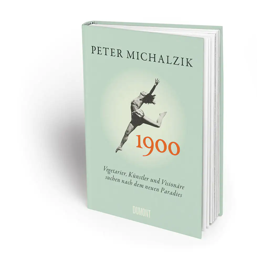 1900 – Libro de Peter Michalzik Cubierta del libro '1900', fondo verde pastel, persona bailando en blanco y negro con texto rojo, tapa dura