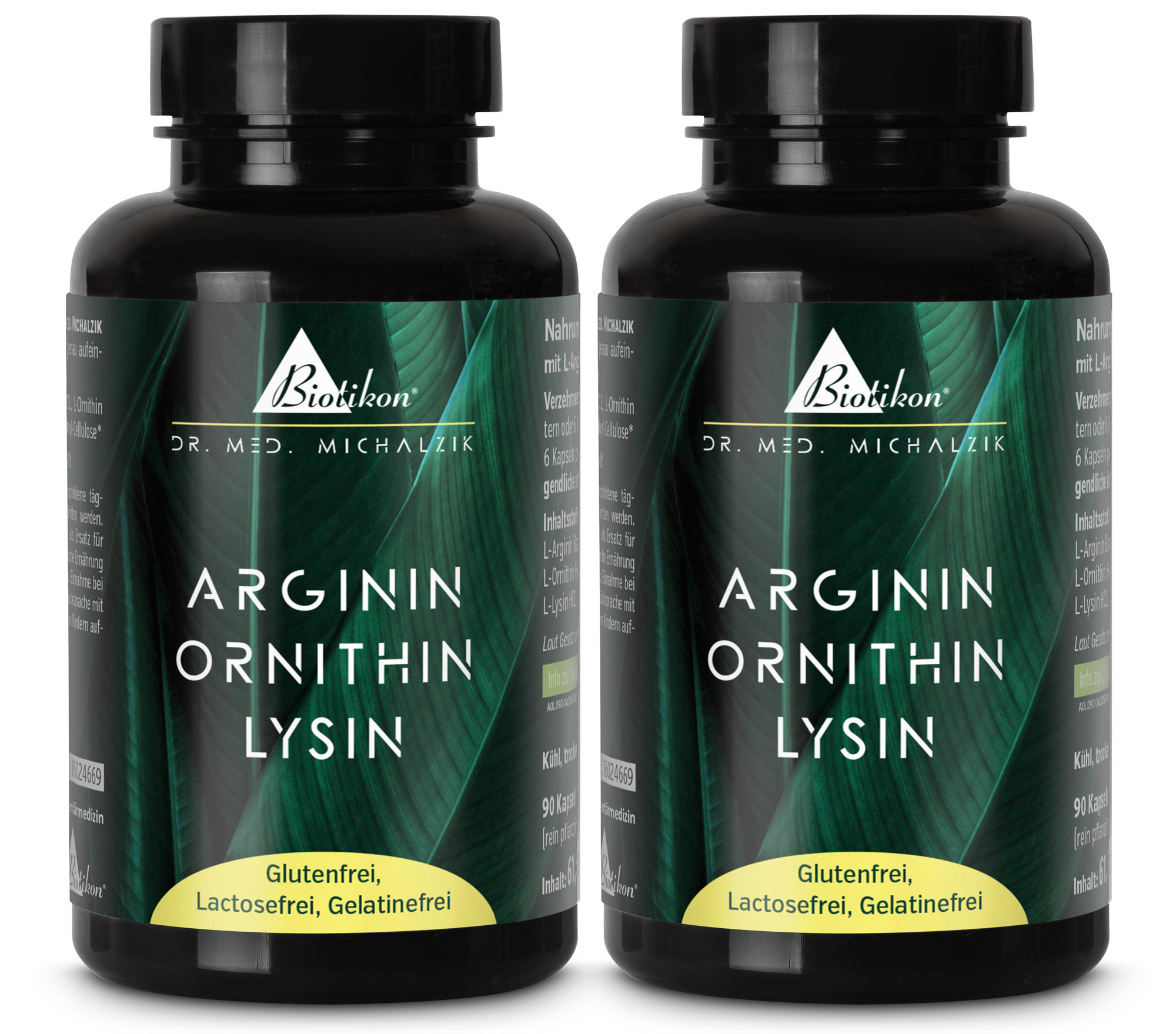 Dos botellas azules con 90 cápsulas de Arginina, Ornithina y Lisina, sin gluten, en envase de PET.