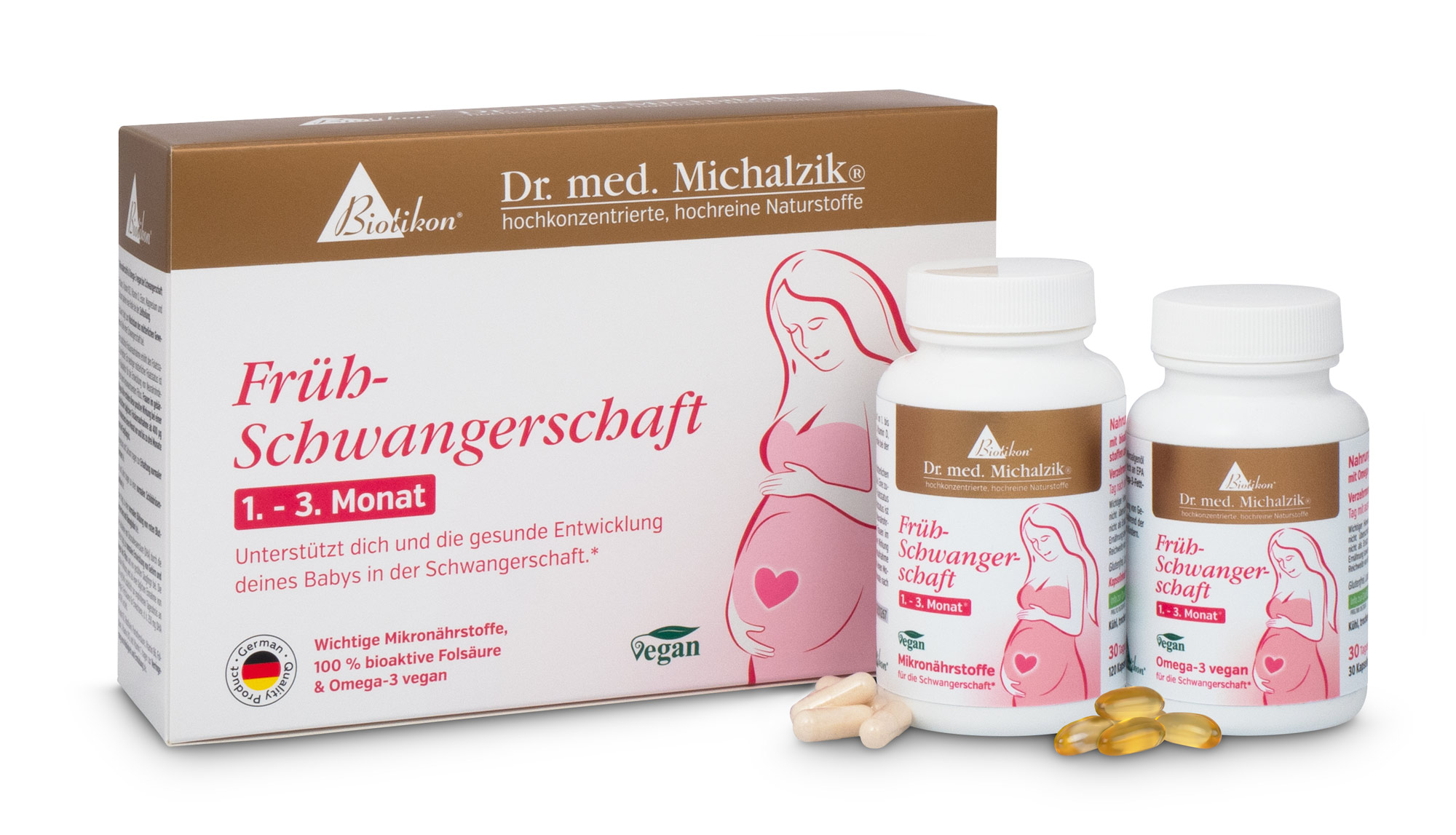 Mikronutrientes para el primer trimestre – 30 cápsulas Envase con dos frascos para el primer trimestre, 30 cápsulas, veganas, diseño claro, vista lateral.