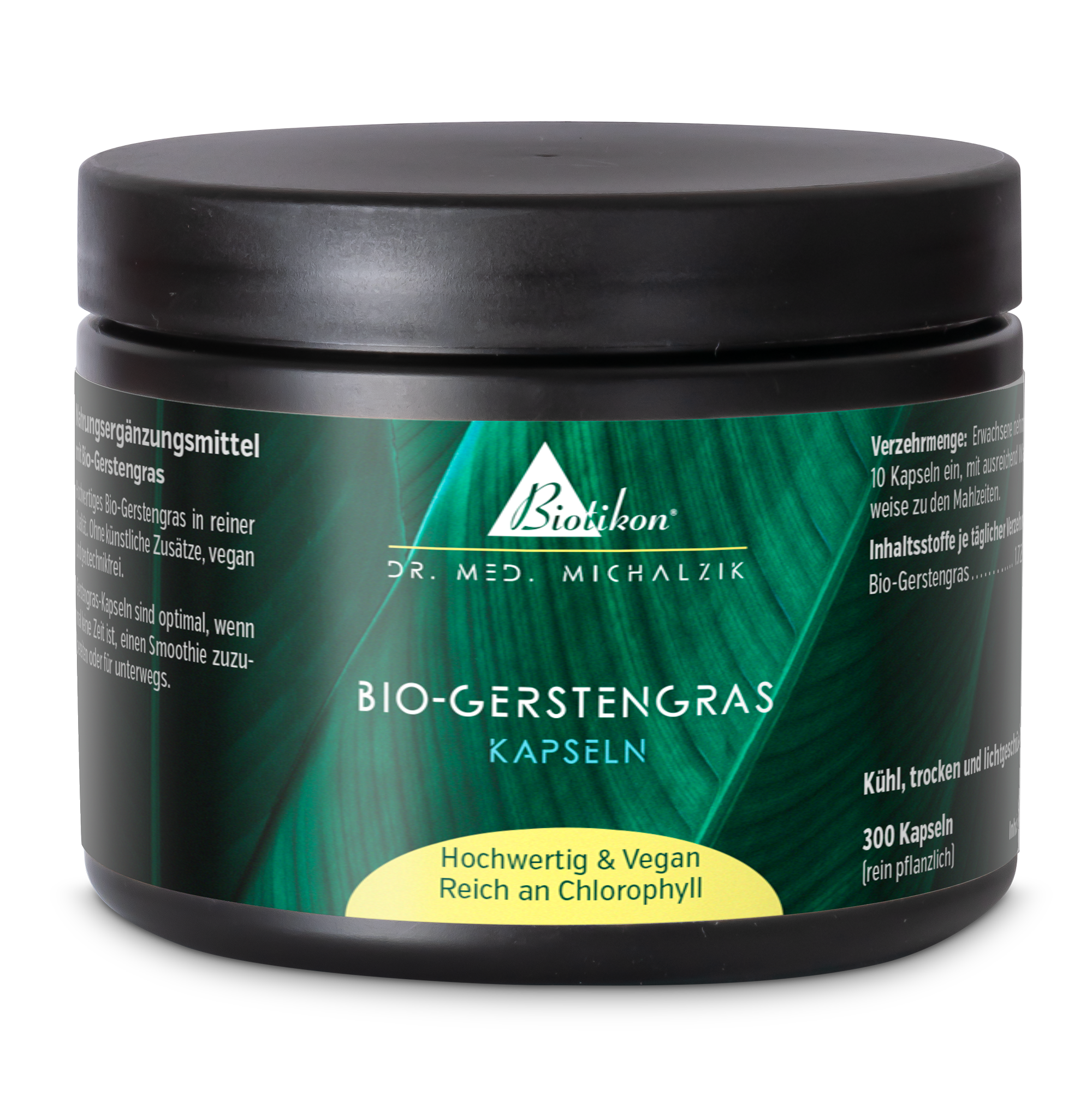 Cápsulas de cebada orgánica en un envase negro, 300 piezas, veganas, ricas en clorofila.