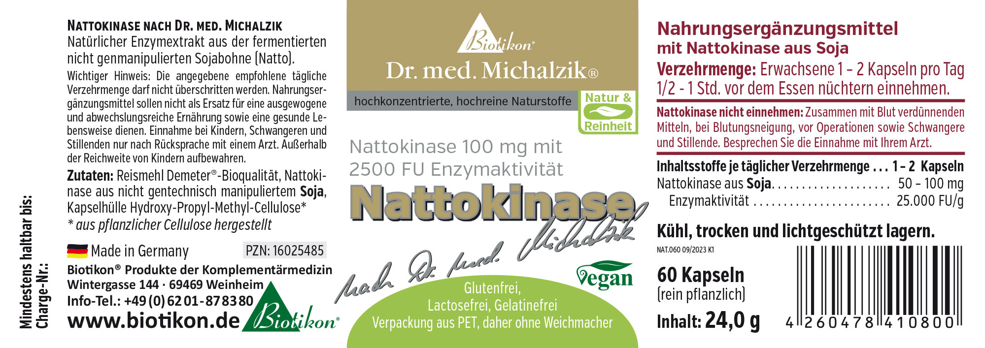 Suplemento alimenticio de Nattokinasa a base de soja, 60 cápsulas en envase PET, vegano, de alta calidad.