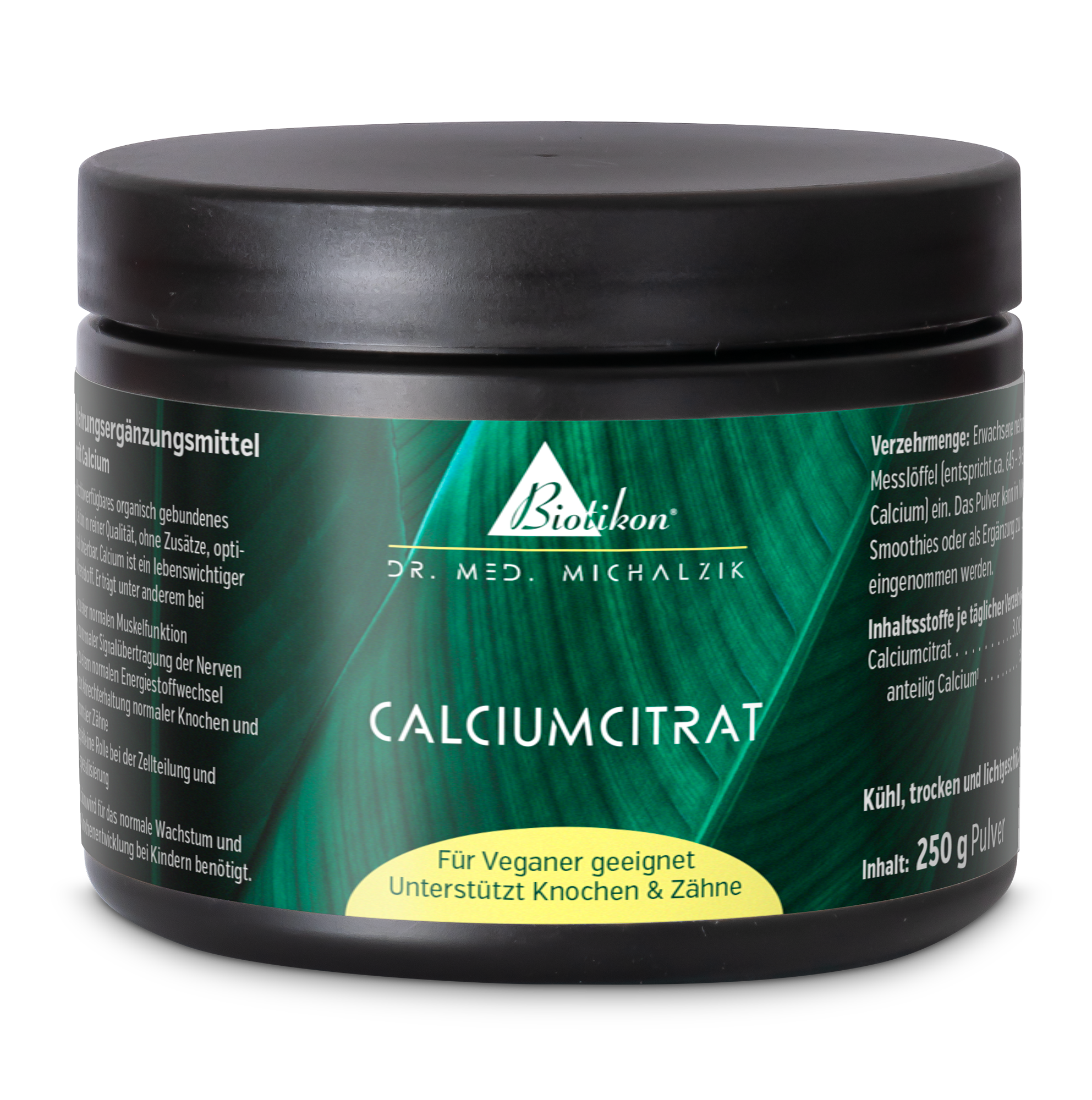 Citrato de calcio en lata negra, 250 g en polvo, apto para veganos, almacenar en un lugar fresco y seco.