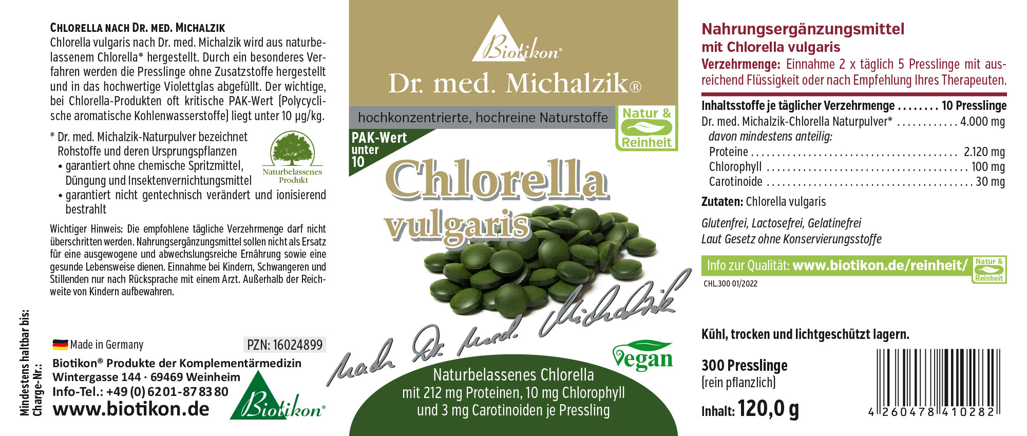 Suplemento de Chlorella vulgaris en 300 comprimidos, color verde, 120 g, fórmula a base de plantas.