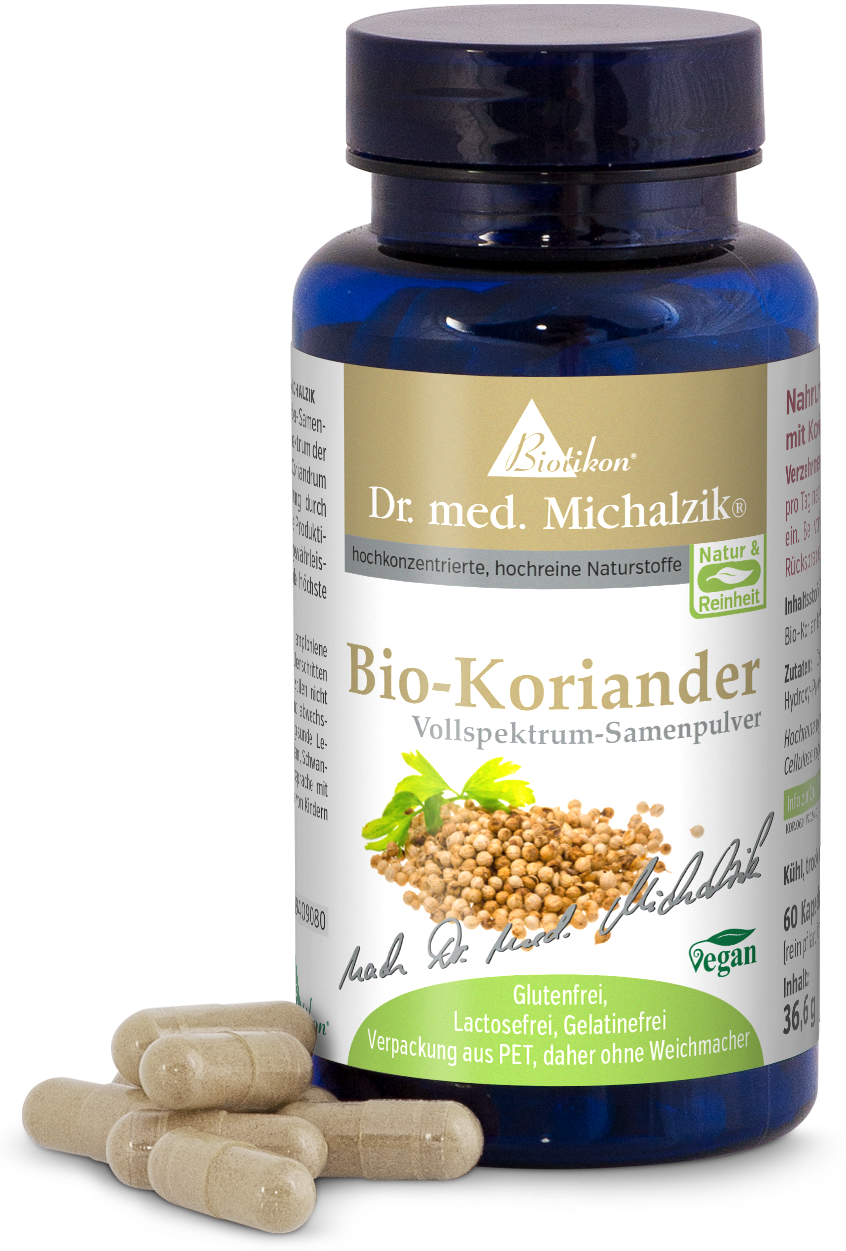 Polvo de Semillas de Espectro Completo de Cilantro Bio en botella azul, 60 cápsulas, sin gluten y vegano.