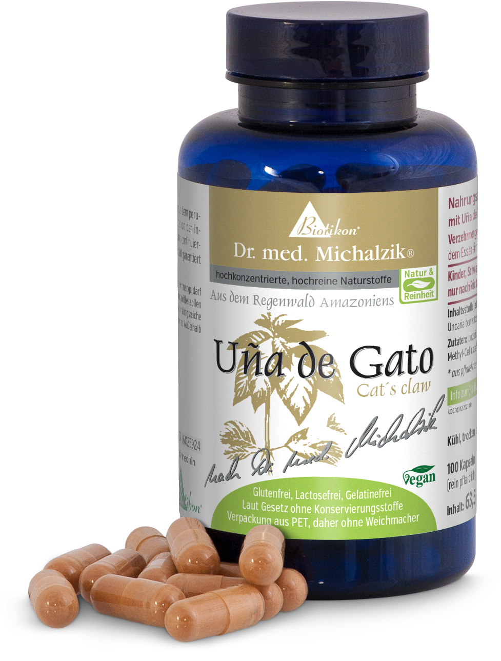 Cápsulas marrones en una botella azul, 100 cápsulas, ingredientes veganos, sin aditivos.