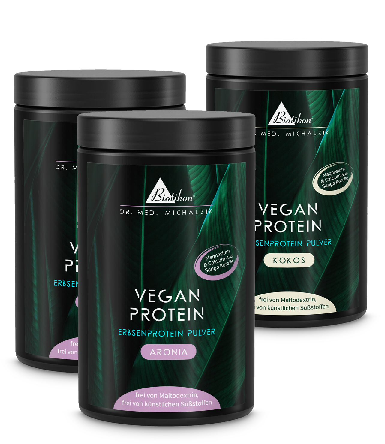 Tres frascos de proteína vegetal en polvo blanca, sabores Aronia y Coco, etiquetas visibles.