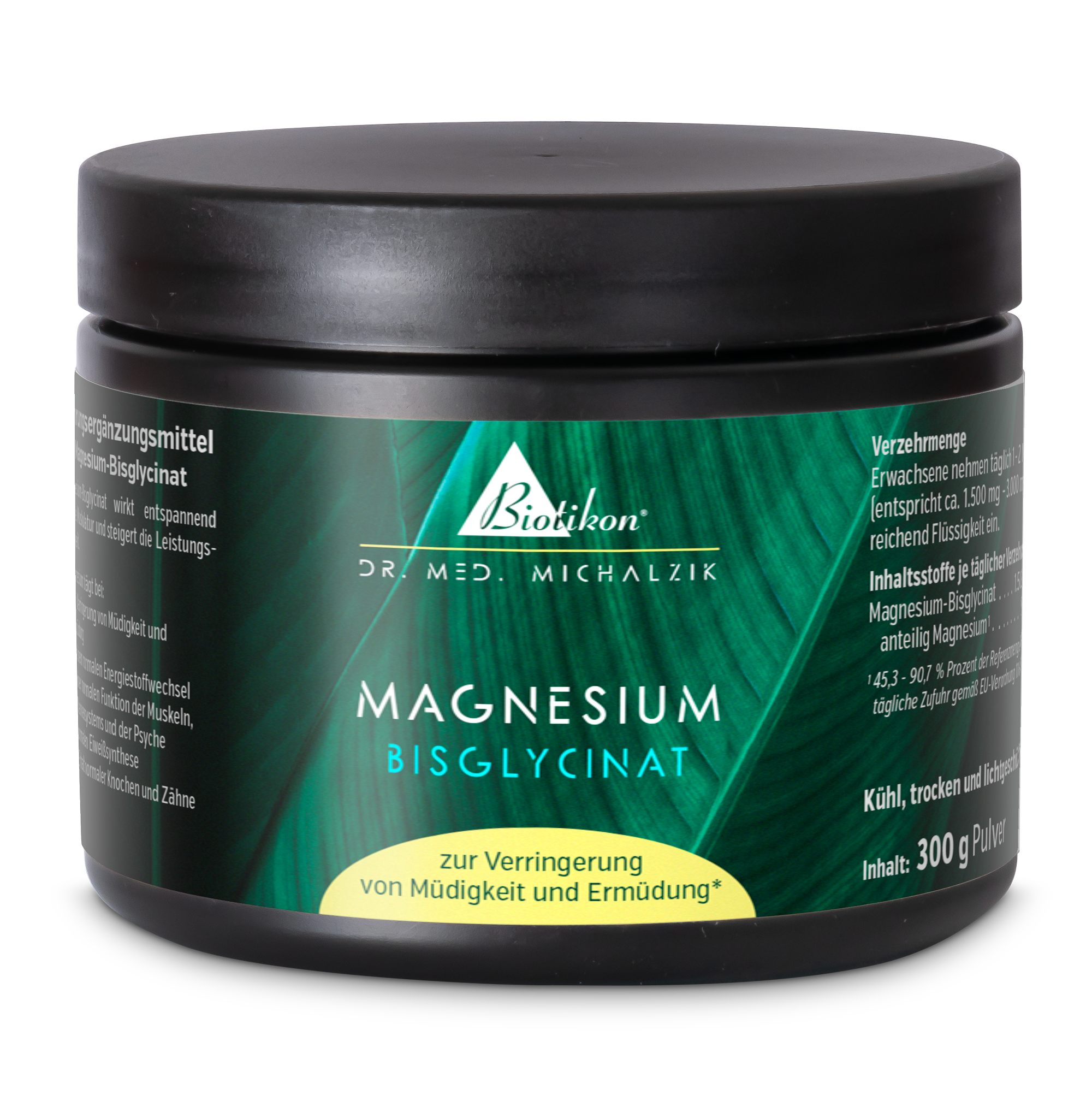 Magnesio Bisglicinato – 300 g en polvo Envase negro con polvo de magnesio bisglicinato, 300 g, vista frontal, color de acento verde.