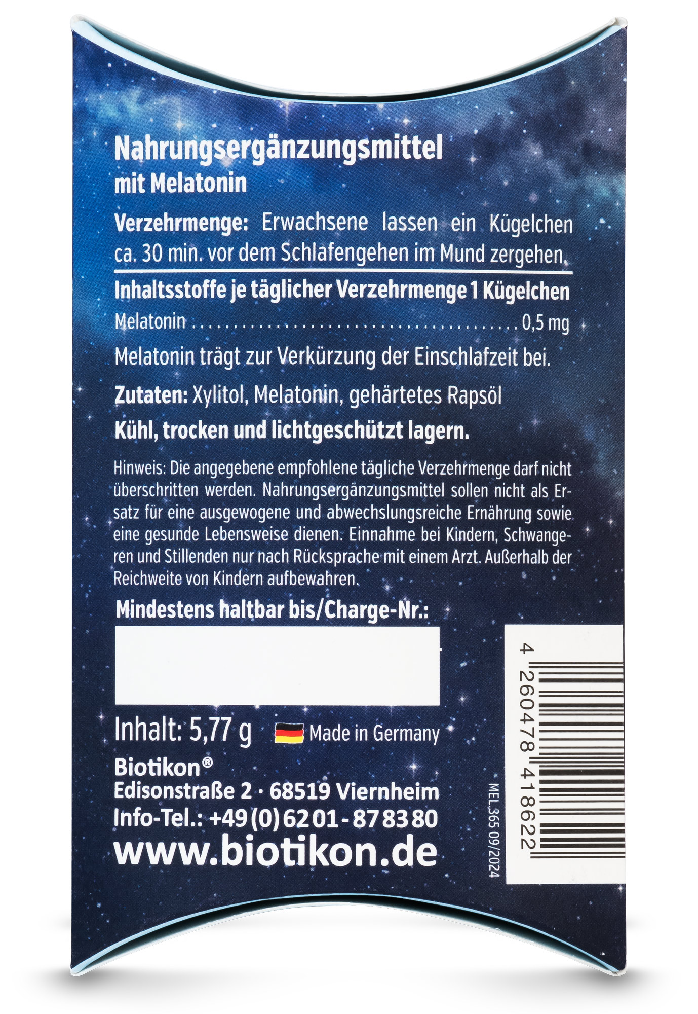 Suplemento de melatonina, paquete de 5,77 g, azul con diseño de cielo estrellado.
