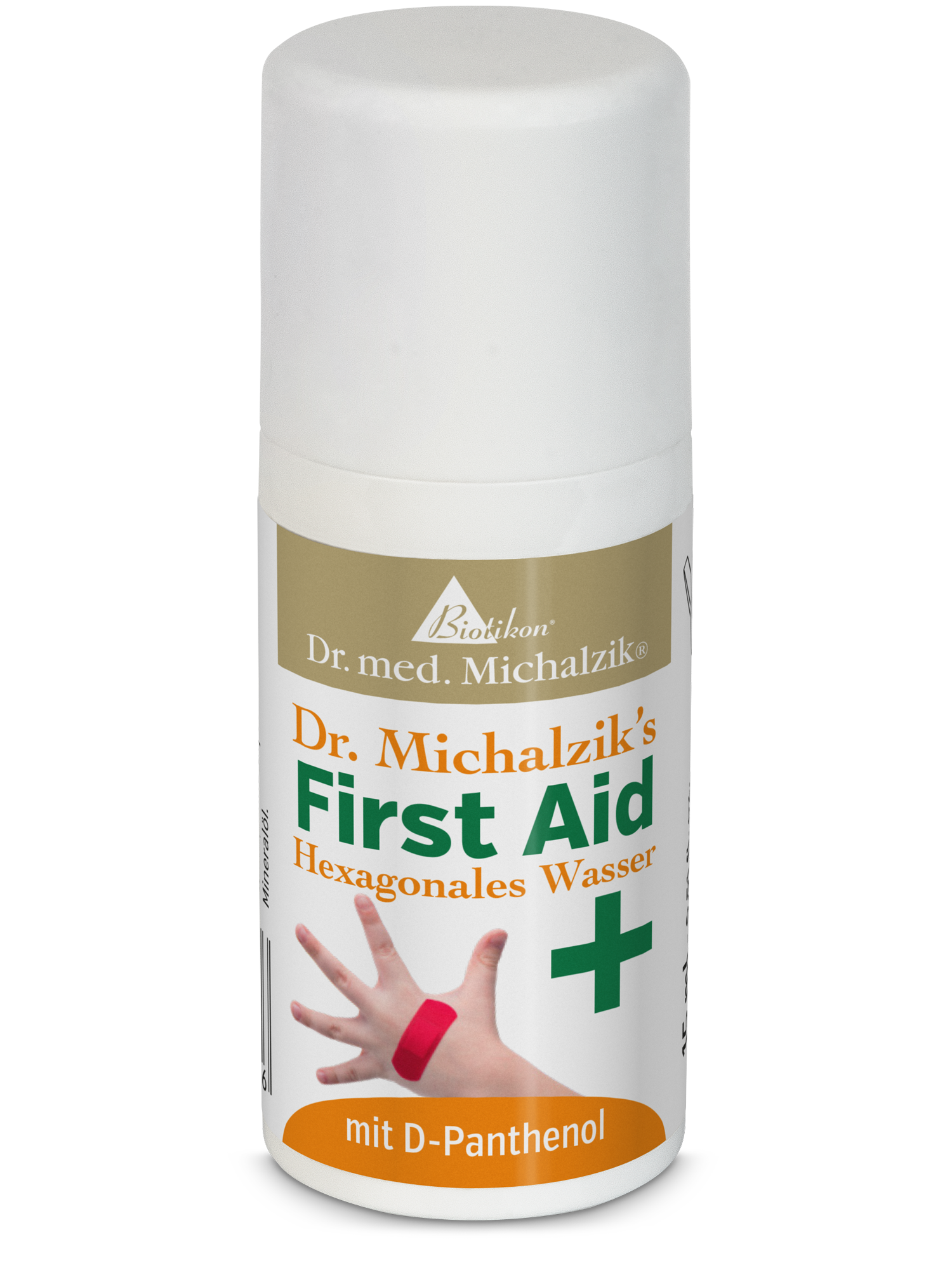 Botella de spray con agua hexagonal, 100 ml, forma rectangular, tapa blanca, texto en naranja y verde.