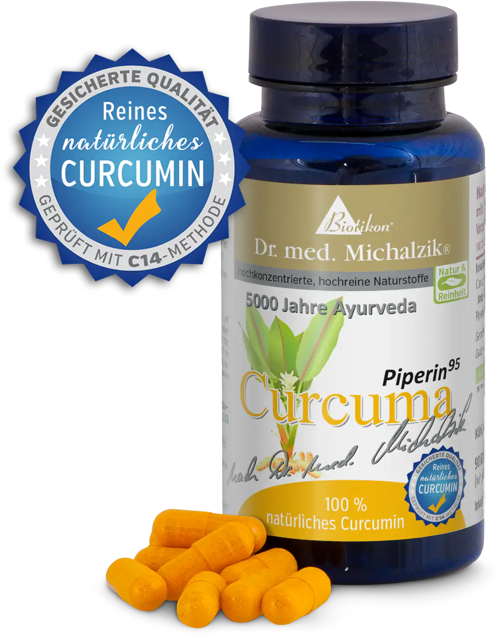 Cúrcuma 500 mg – Cápsulas Botella con 100 cápsulas de curcumina natural, cápsulas naranjas, vista lateral.