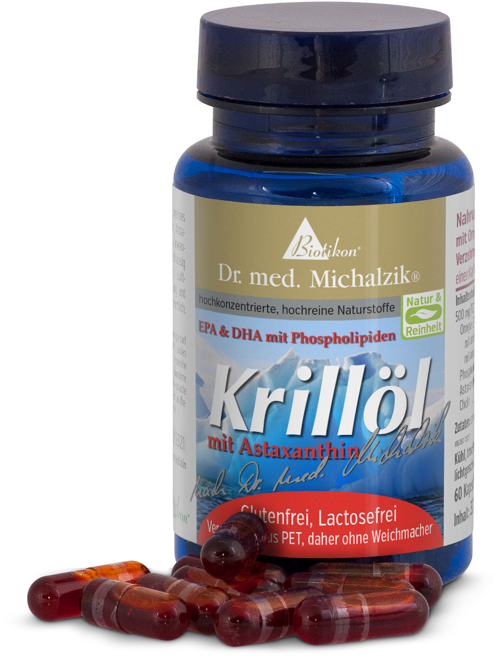 Aceite de kril 500 mg - Cápsulas Botella con 60 cápsulas rojas de aceite de kril, algunas cápsulas visibles, envase azul y blanco.