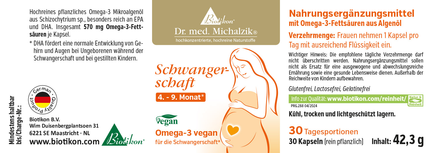 Suplemento dietético en cápsulas, 30 unidades, vegano, con Omega-3 puro de aceite de algas, empaque en colores brillantes.